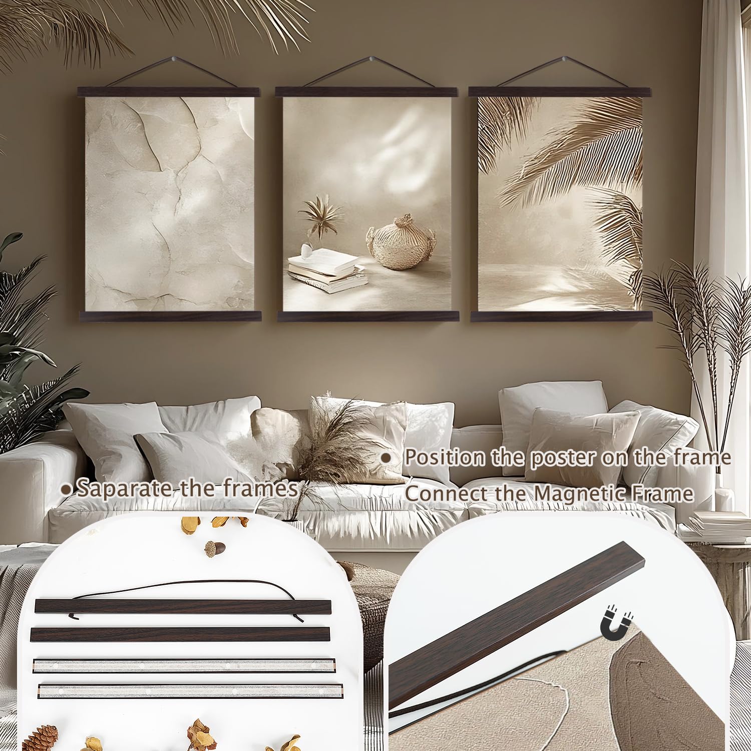 2 Pack Magnetic Poster Hanger Frame, 8X10 8X12 8X24 Light Wood Wooden Magnet Canvas Artwork Print Dowel Poster Hangers Frames Ha
