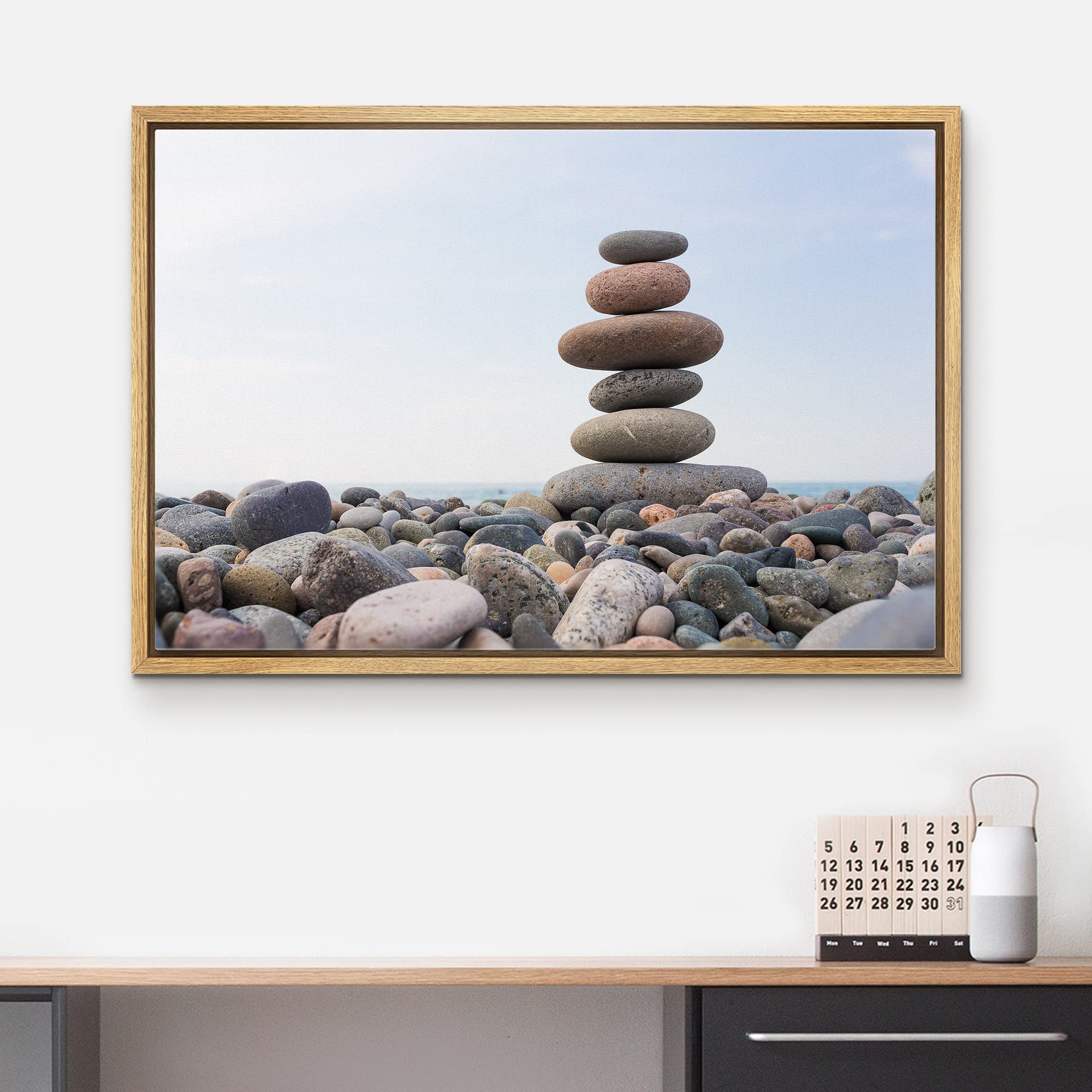 Wall26 - Framed Canvas Prints Wall Art - Zen Stones Balance, Pebbles Stack Over Blue Sea | Modern Wall Decor/Home Decoration Str
