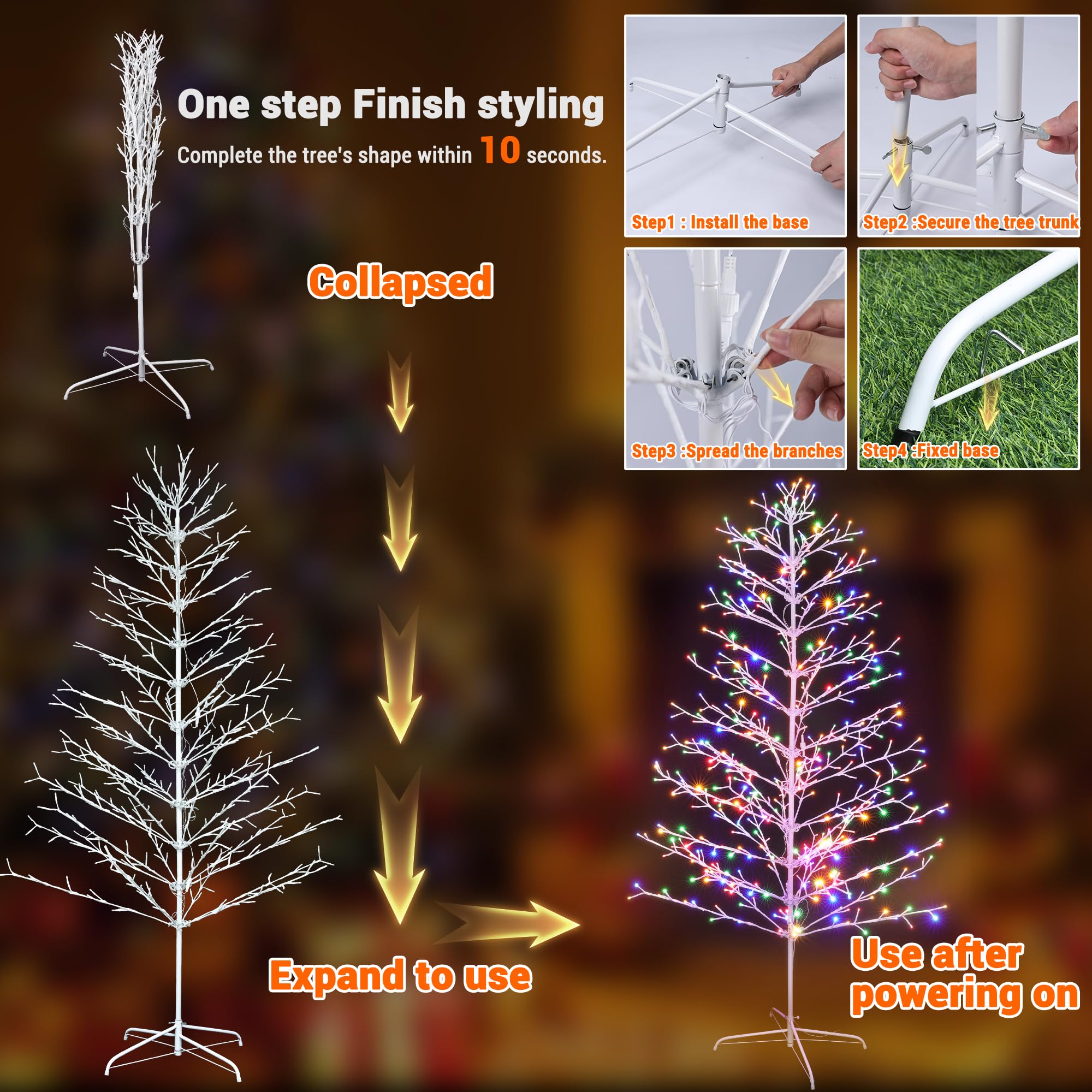 Joomer Christmas Tree Light Outdoor,7.6FT 540 LED Color Changing Artificial Collapsible Birch Tree Lights with Remote Control Ti