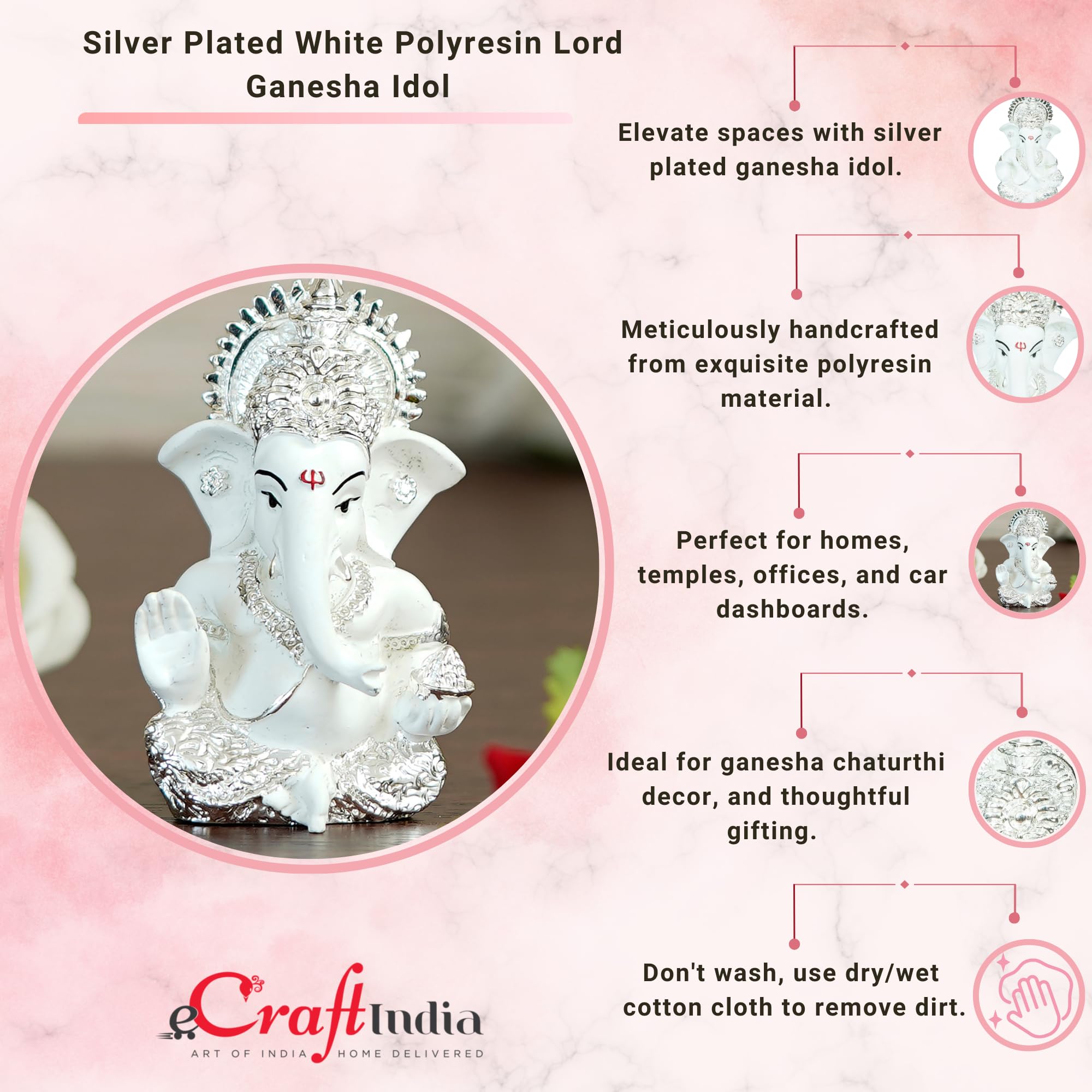 Ecraftindia Silver White Resin Lord Ganesha Idol For Home Decor Office Car Dashboard| Ganesha Statue For Puja Room| Ganpati Murt