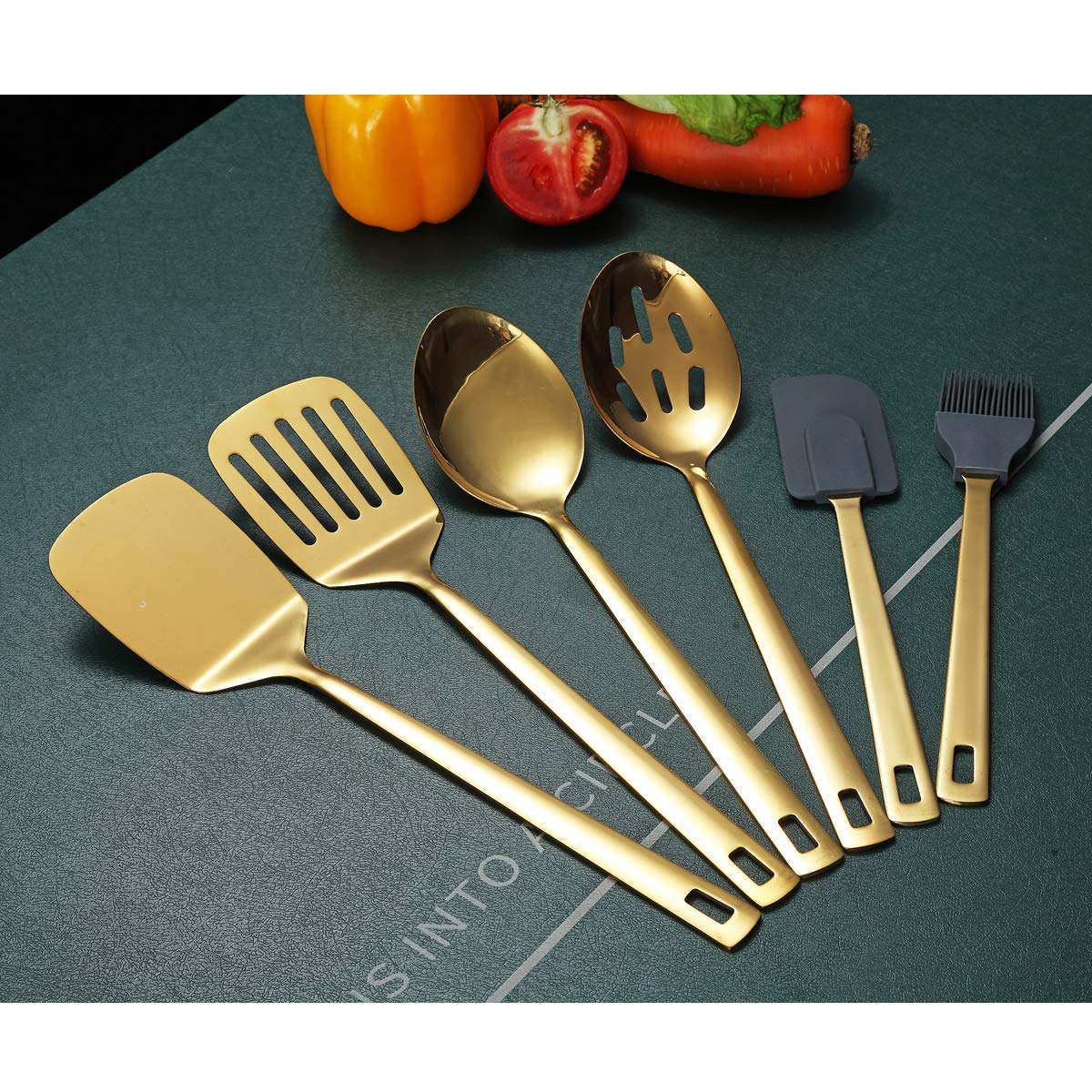 Gold Cooking Spoons, Berglander 6 Pieces Spatula Set Stainless Steel, Metal Spatula, Serving Spoon, Kitchen Tools Set Non-Stick