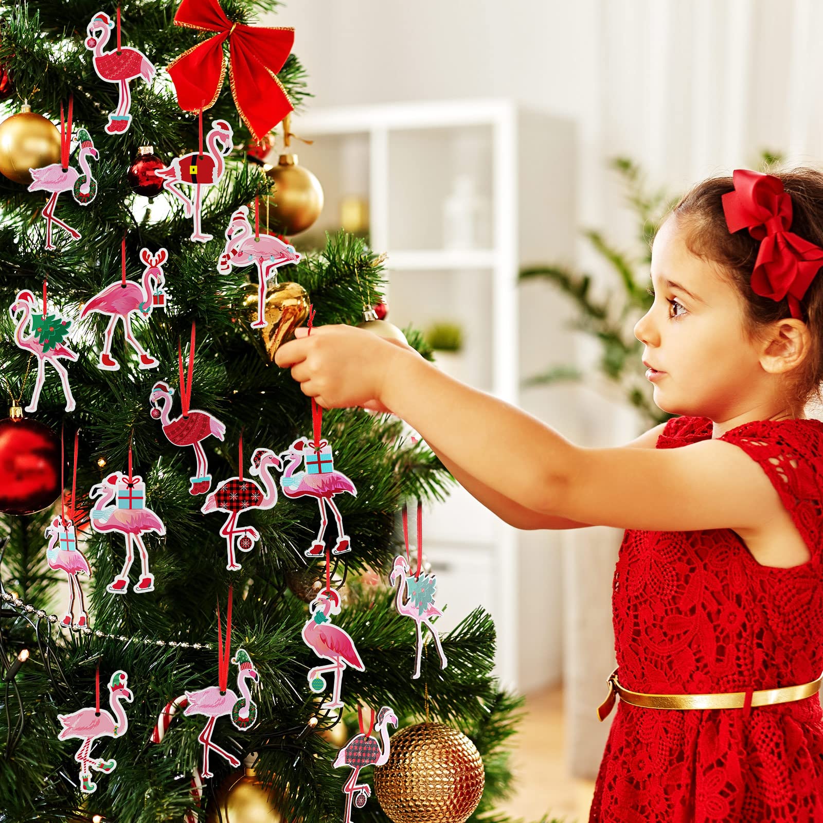 Blulu 12 Pieces Christmas Flamingo Ornaments Wooden Pink Hanging Flamingo Ornaments for Xmas Home Office Party Tree Holiday Deco