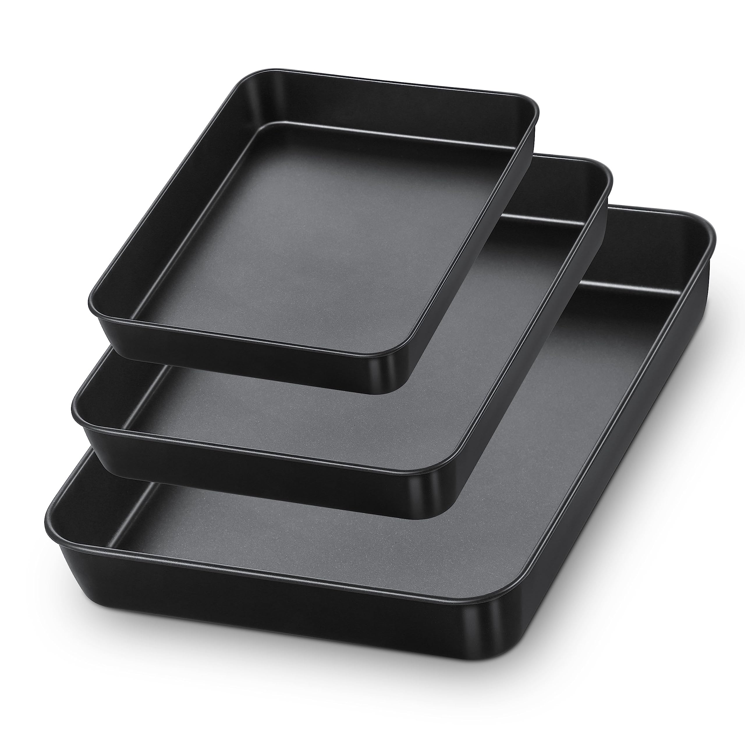 E-Far Nonstick Baking Pans Set Of 3, Rectangle Stainless Steel Sheet Cake Pan For Toaster Oven, 12.5/10.5/9.4 Inch, Black Bakewa