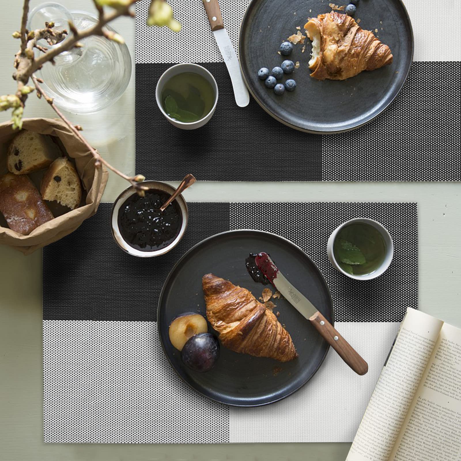 Heloho Placemats Set Of 6 Black And White Placemats Heat-Resistant Washable Vinyl Woven Table Mats Wipeable Placemat For Kitchen