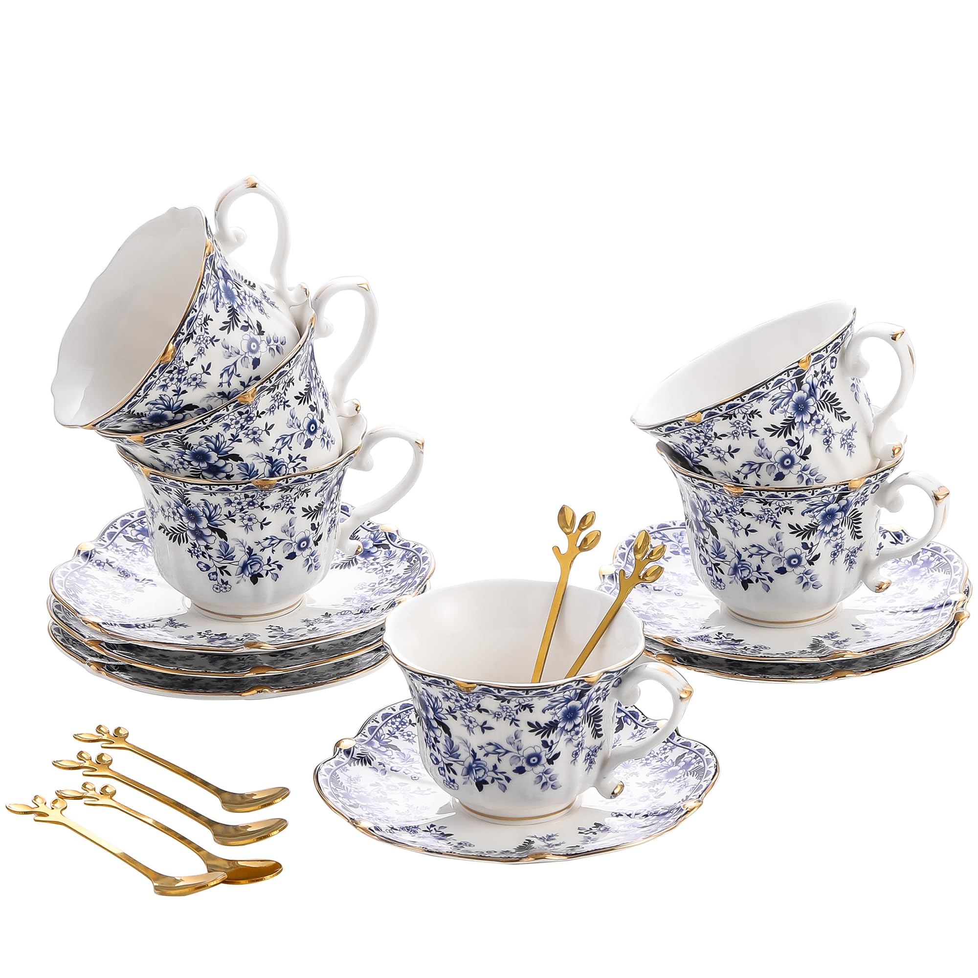 TATSUMI Country Roses 18 Peices Bone China Tea Cup And Saucer Set, English Vintage Tea Cups Of 6 For Women And Tea Party Sets(QH