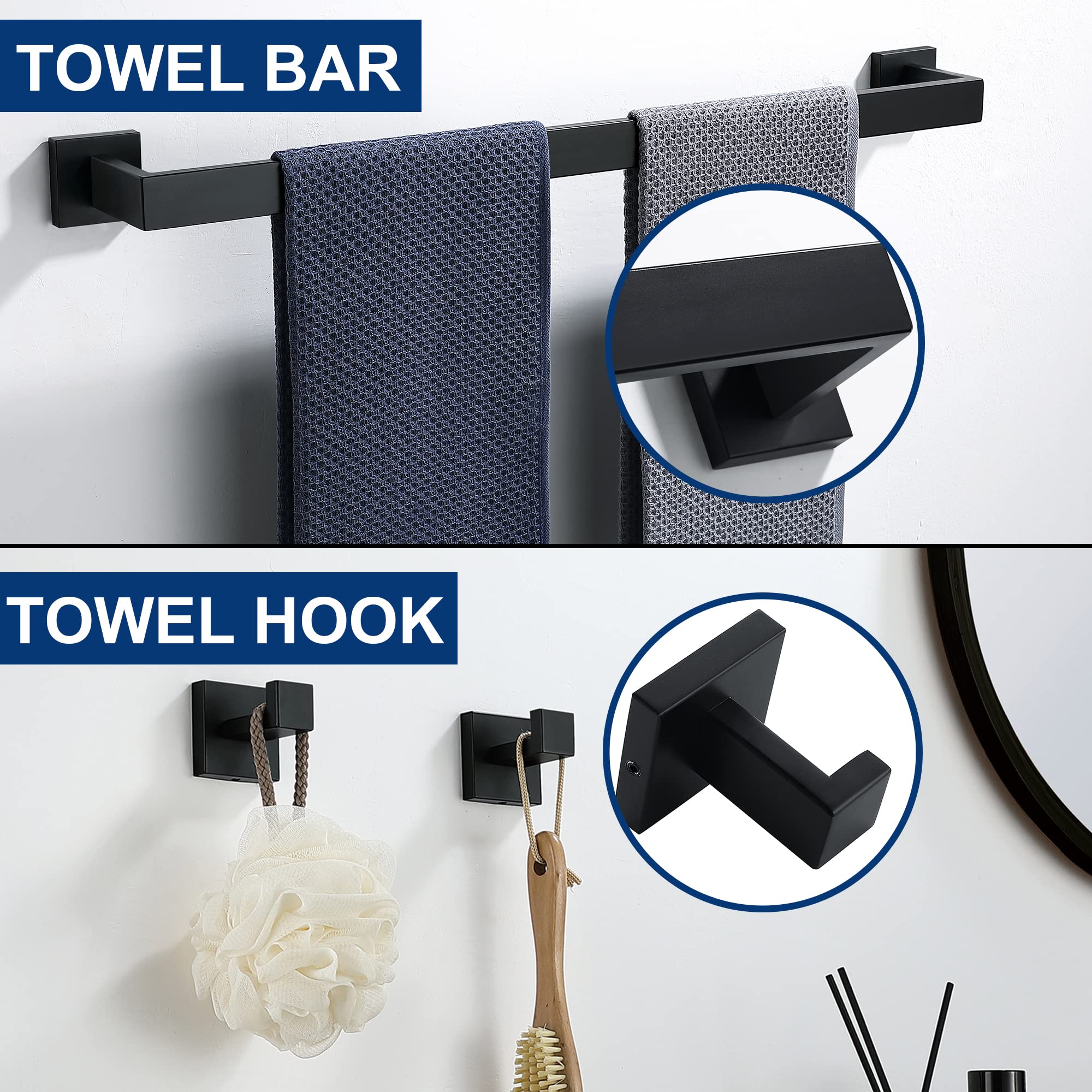 Matte Black 5 Piece Bathroom Hardware Set - 24'' Sus304 Stainless Steel Square Towel Rack With Wall Mount Option