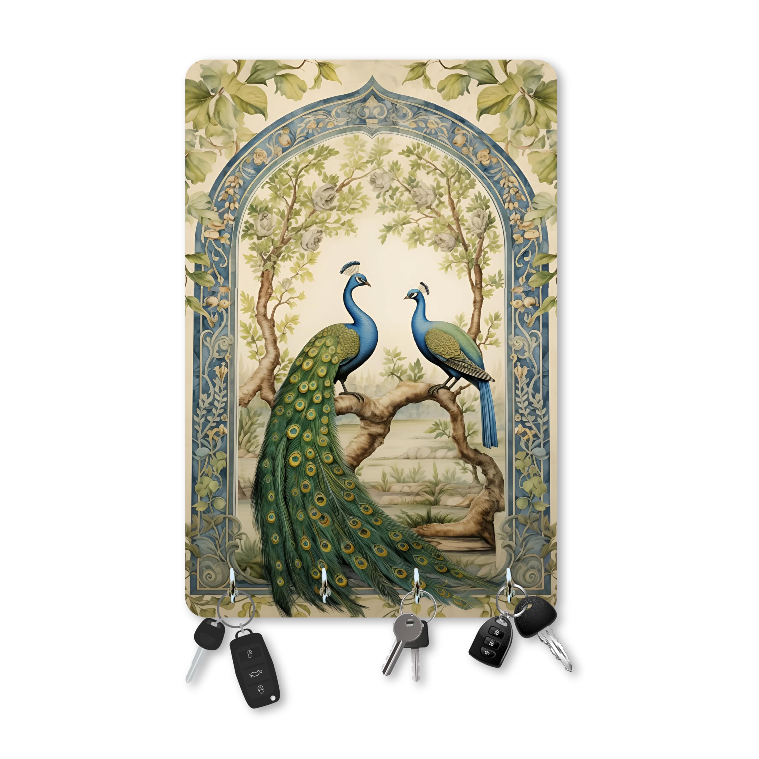 SIGN EVER Peacock Wooden Key Holder for Home and Office Decor | Madhubani Art Keychain Holder for Wall Living Room Hall Kay Hang