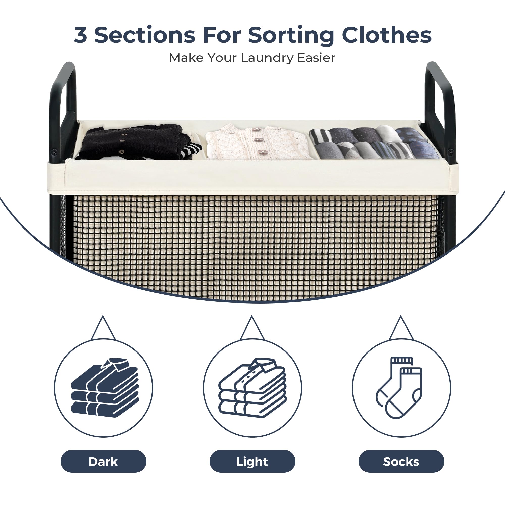 Sto Sto Laundry Hamper 3 Section, 120L Rolling Laundry Sorter Cart With Removable And Washable Liner Bag, Rolling Clothes Hamper