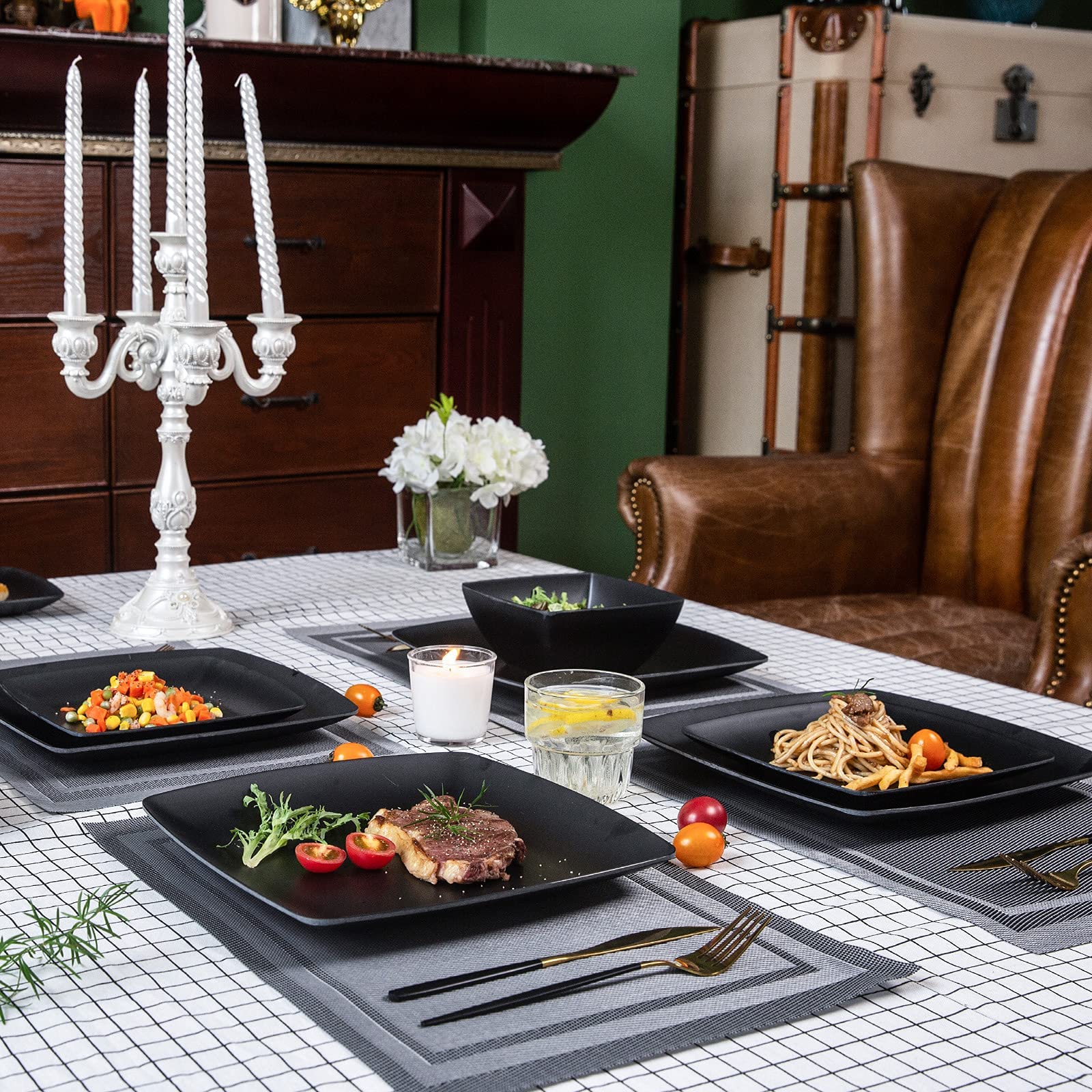 Melamine 12pcs Classic Square Dinnerware Set, Concise Plates and Bowls Set, Service for 4, Dishwasher Safe Black