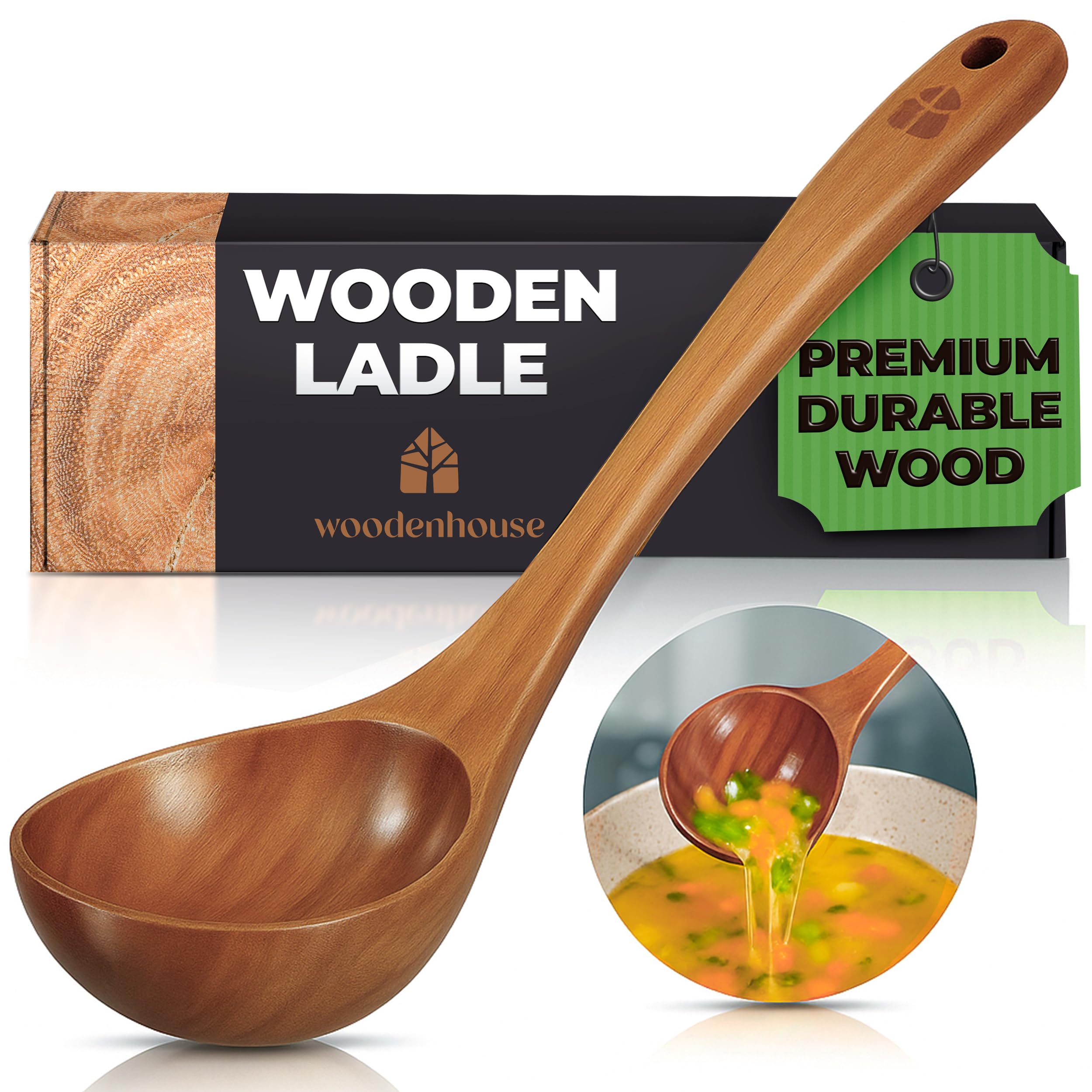 WOODENHOUSE Teak Wooden Ladle - 12.4" Cooking Spoon, 2 oz Medium Scoop, Eco-Friendly Natural Color