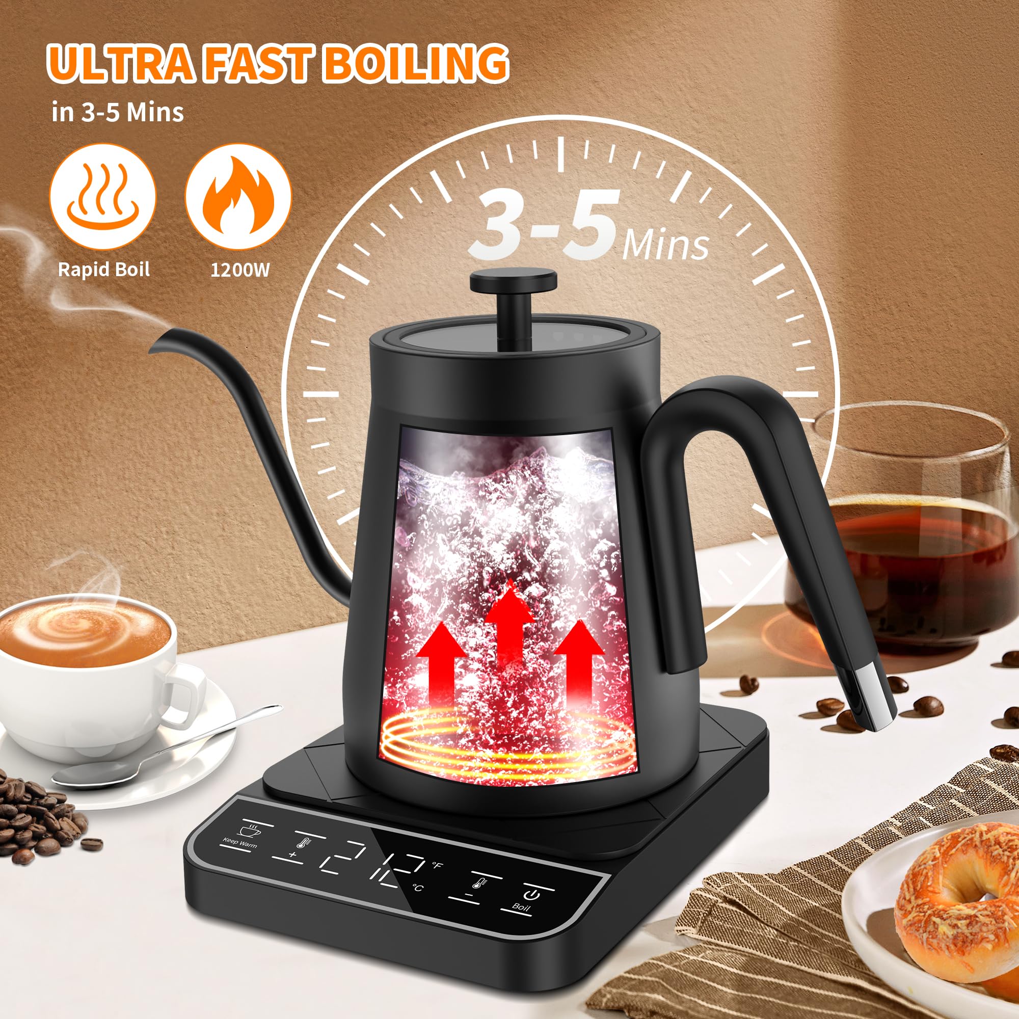 Binroc Electric Gooseneck Kettle, 1? Temperature Control One Click 197? Pour Over Kettle For Coffee & Brew Tea, Hot Water Boiler