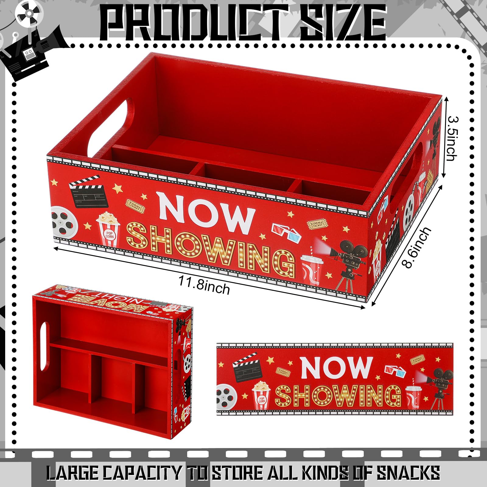 Movie Night Snack Tray with Handles and 4 Compartments for Theater Popcorn Bucket Bowl Box Reusable Wooden Gift Basket Organizer