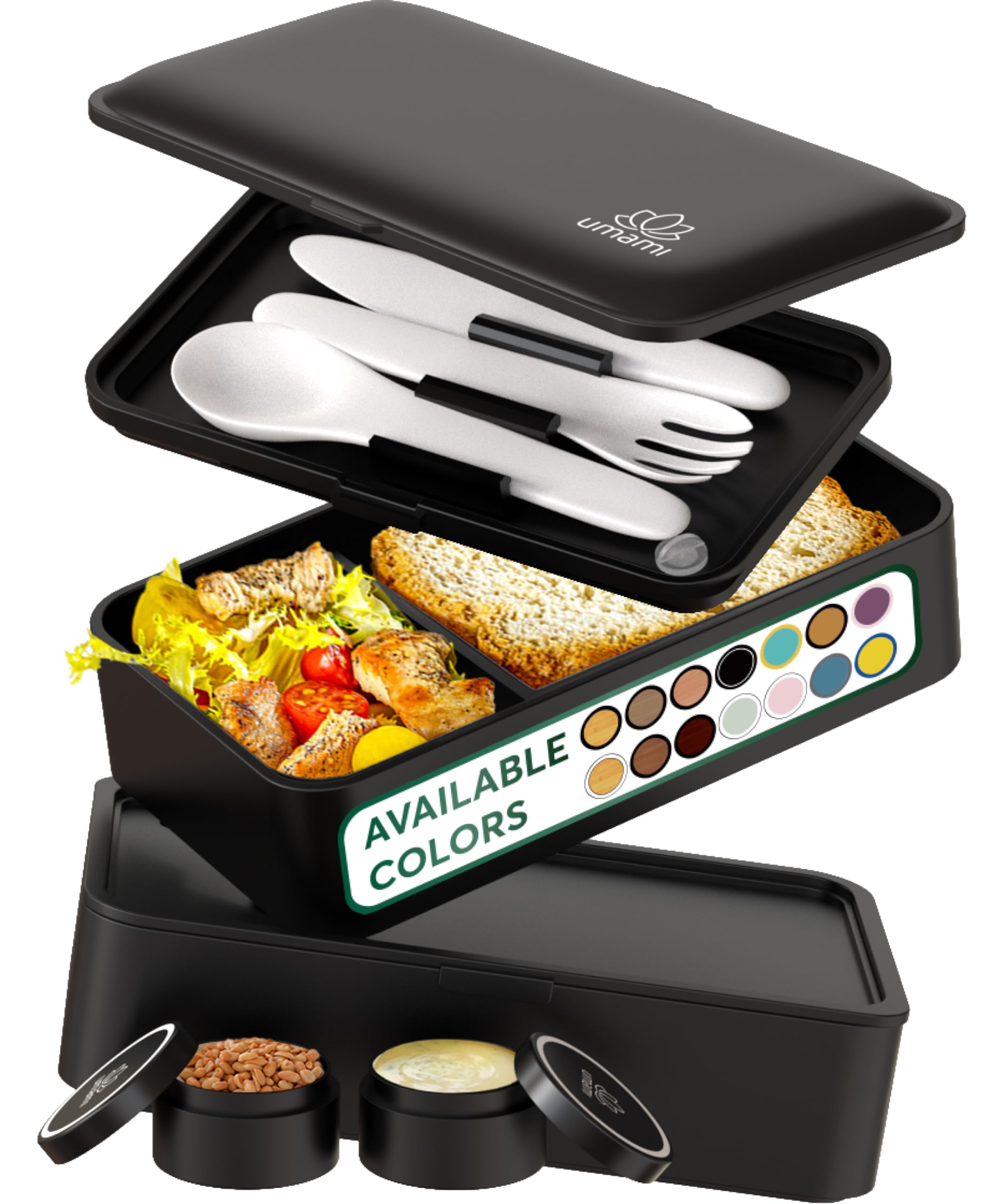 Umami Bento Lunch Box For Adults W/Utensils & Sauce Jars, Great For Meal Prep & Portion Control, Leakproof, Microwave Safe & Eas