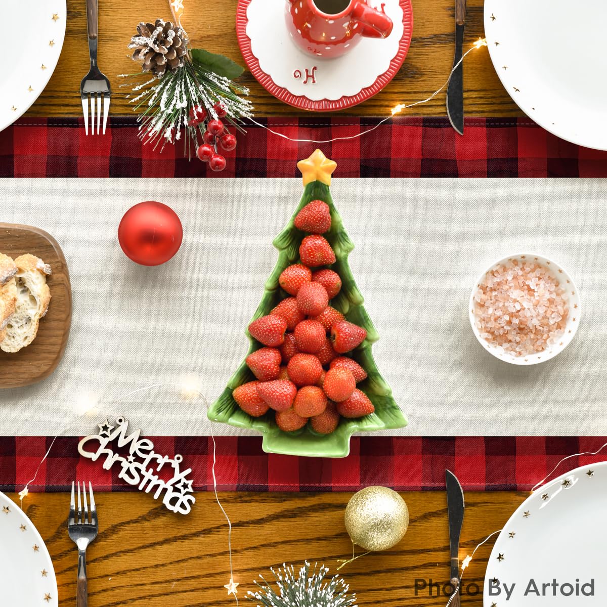 Artoid Mode Red Buffalo Plaid Xmas Trees 2Pcs Merry Christmas Table Runner, Seasonal Winter Holiday Table Decoration For Home Pa