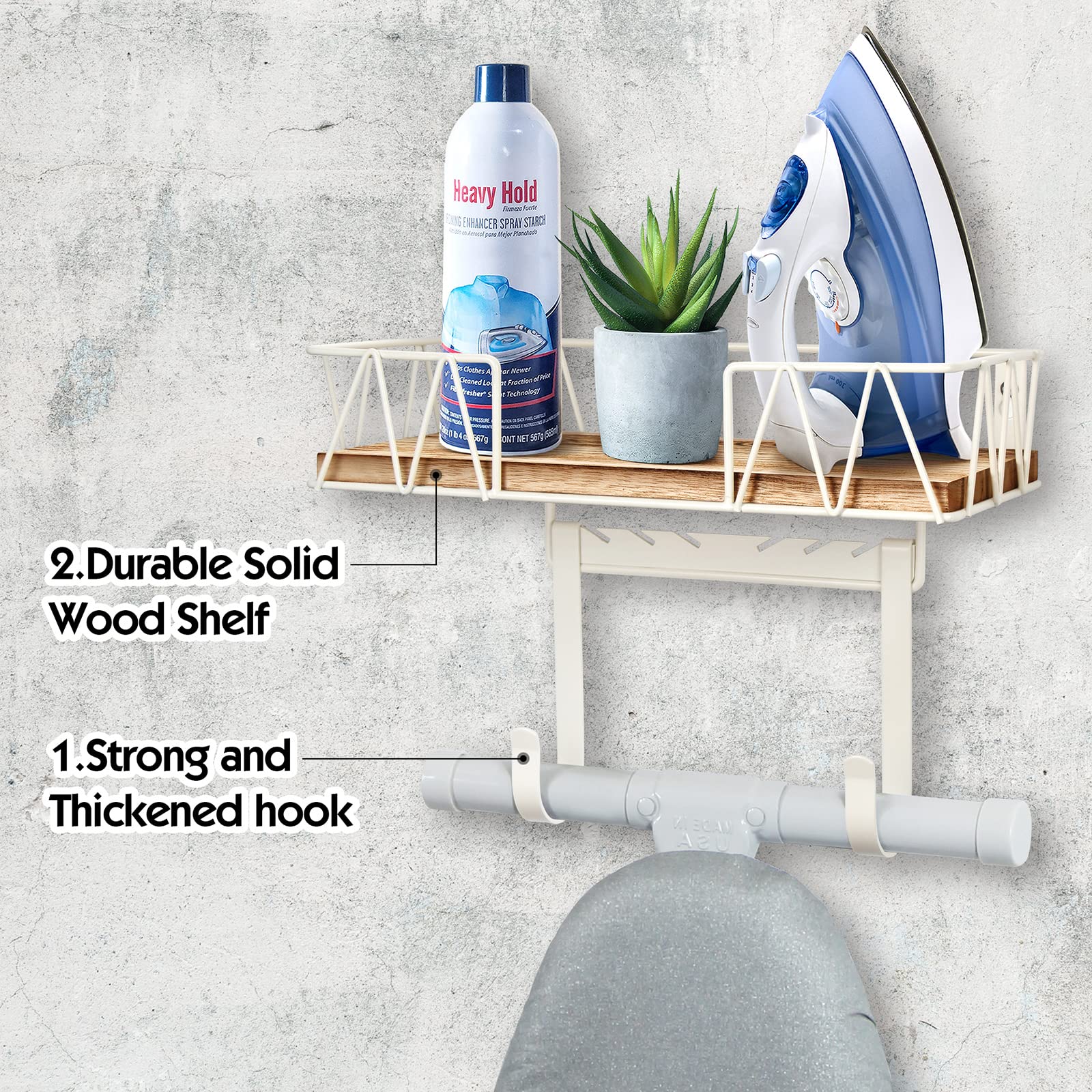TJ.MOREE Ironing Board Hanger Wall Mount - Laundry Room Iron and Ironing Board Holder with Large Storage Wooden Base Basket and Removable Hooks(T&V Shaped) White