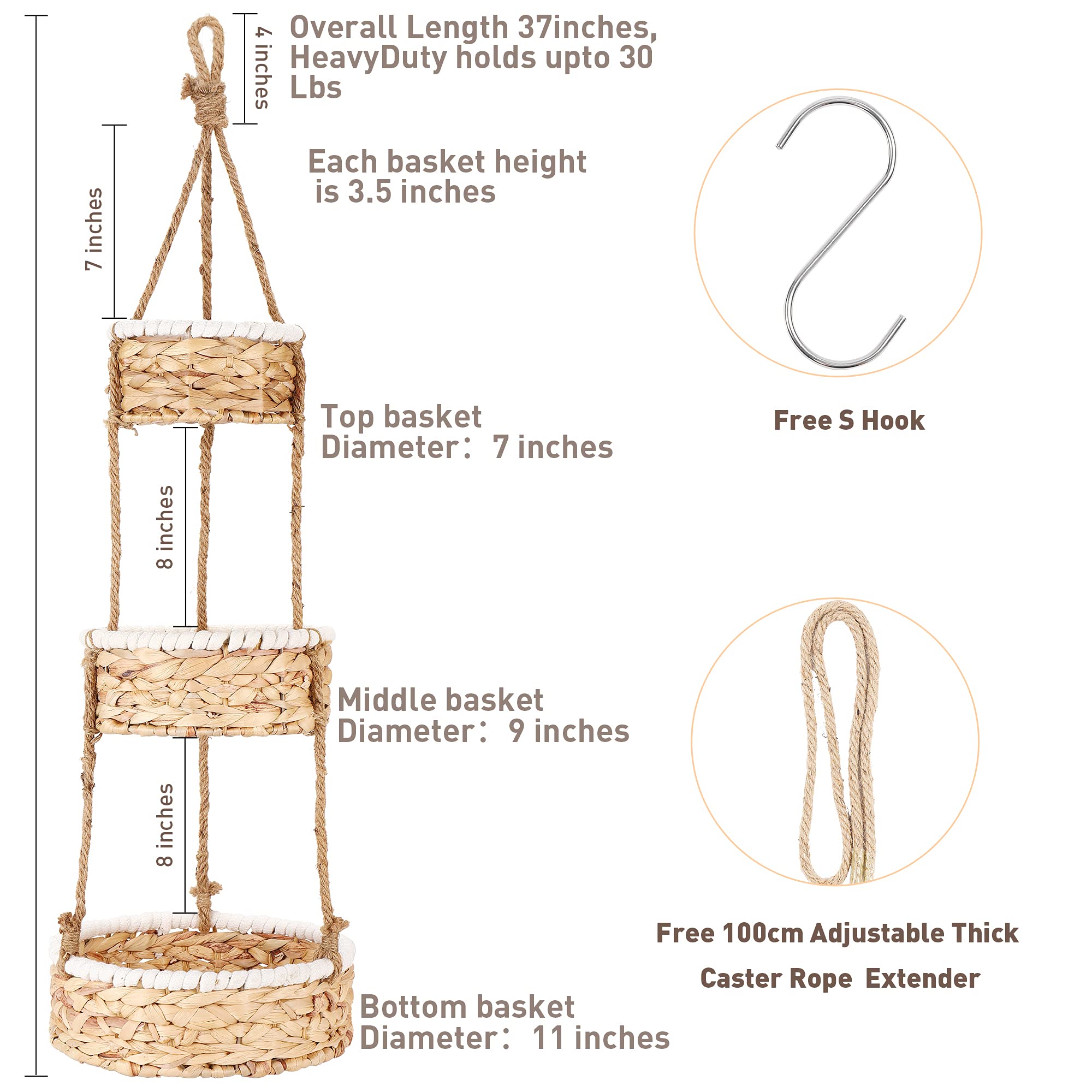 3 Tier Hanging Fruit Basket For Kitchen, Handmade Natural Woven Wicker Seagrass Hanging Basket For Fruit And Vegetable Counterto