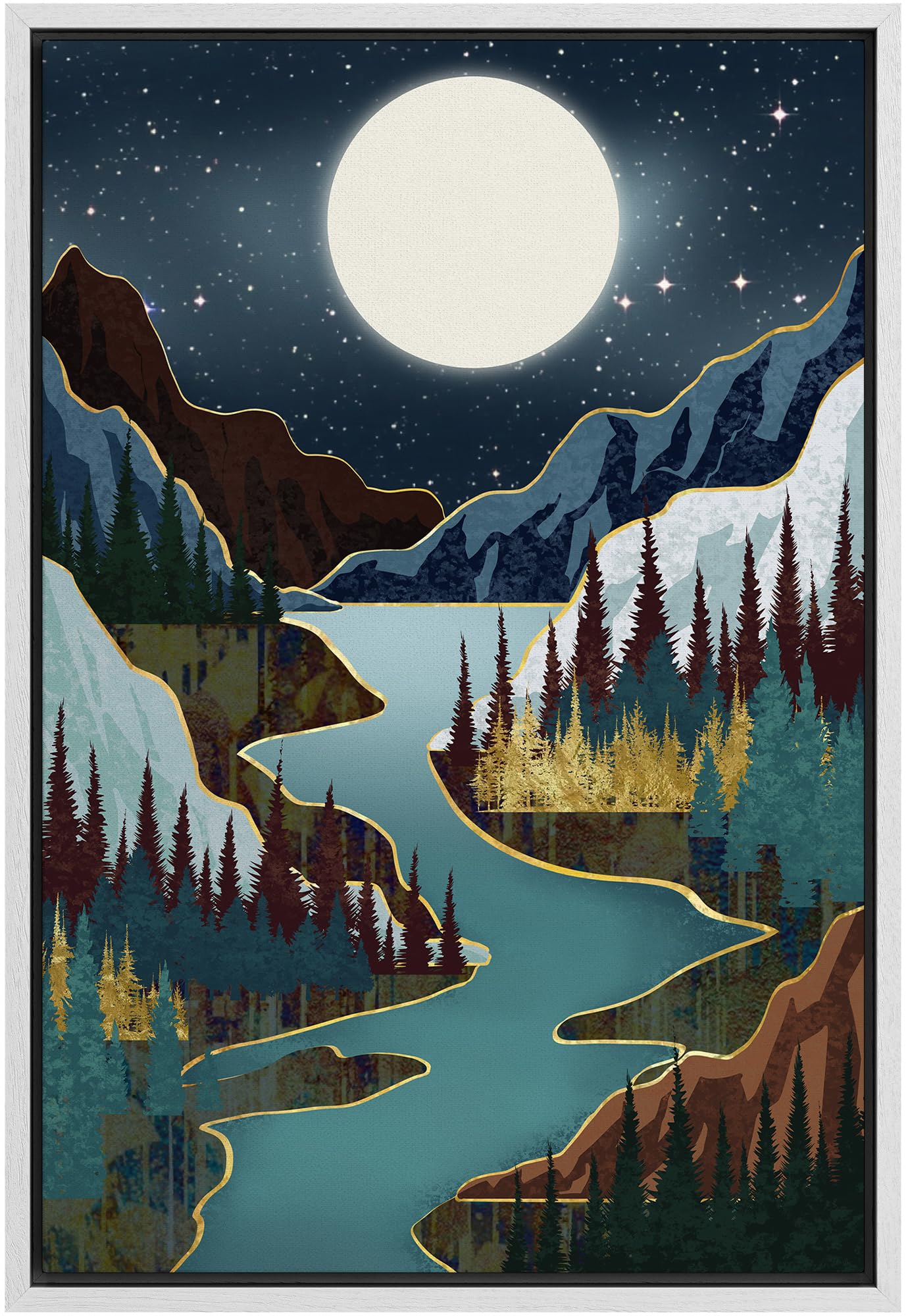 Signford Framed Canvas Print Wall Art Moon Mountain Lake Nature Wilderness Illustrations Modern Art Decorative Rustic Relax/Calm