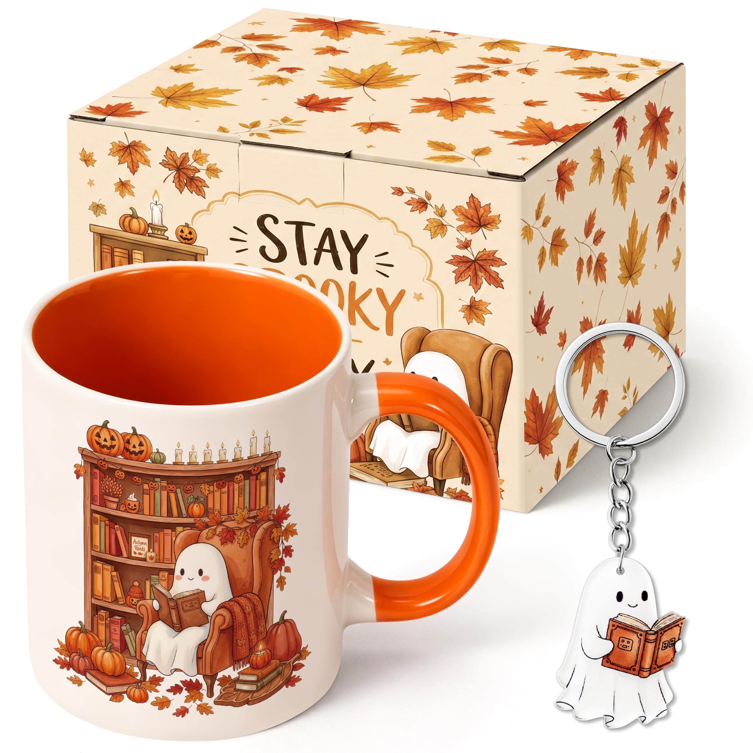 Fall Ghost Coffee Mug and Keychain, 11oz Autumn Ceramic Mug For Readers
