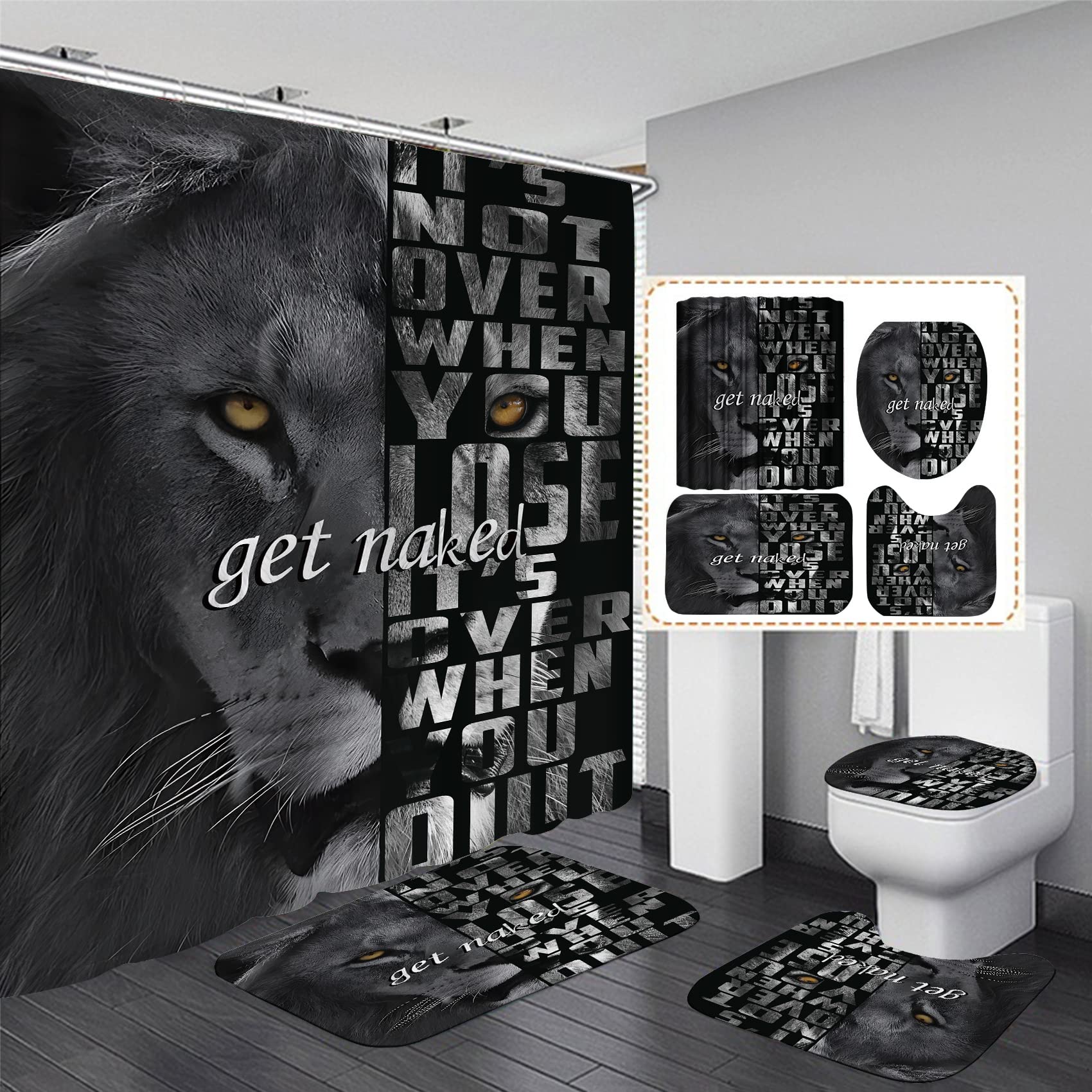 Jieprom 4Pcs Lion Insipirational Shower Curtain Set With Rugs, Toilet Lid Cover And Bath Mat, Animal Shower Curtain With 12 Hook
