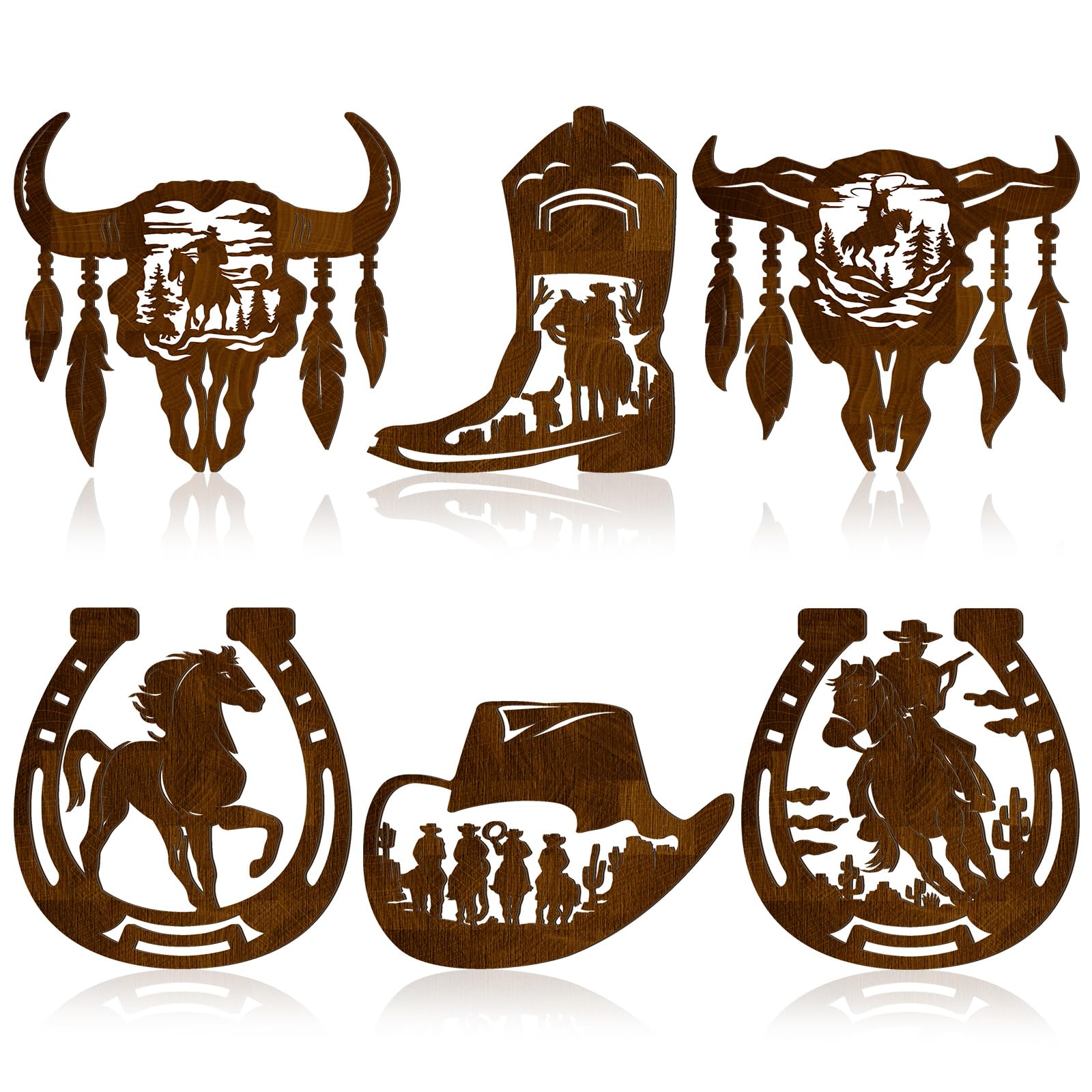 Therwen 6 Pcs Western Wall Decor Wood Wall Art Decor Rustic Cowboy Hat Boot Decor Saddle Decor Deer Bear in The Forest Pine Tree