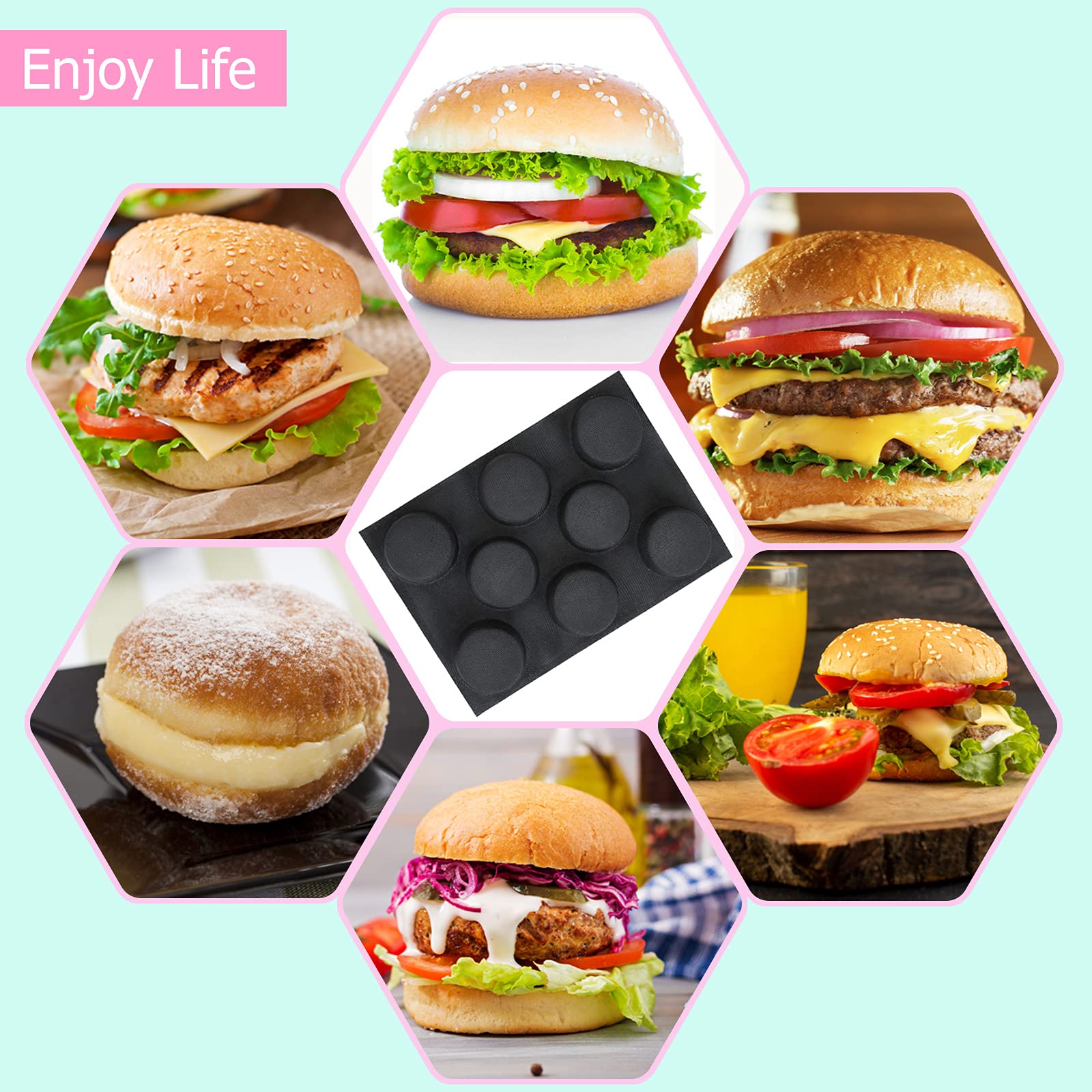 Masteymoh Silicone Hamburger Bun Mold, Hamburger Bun Pan For Baking, 8 Cavity Silicone Hamburger Bread Mold For Gluten-Free Hamb