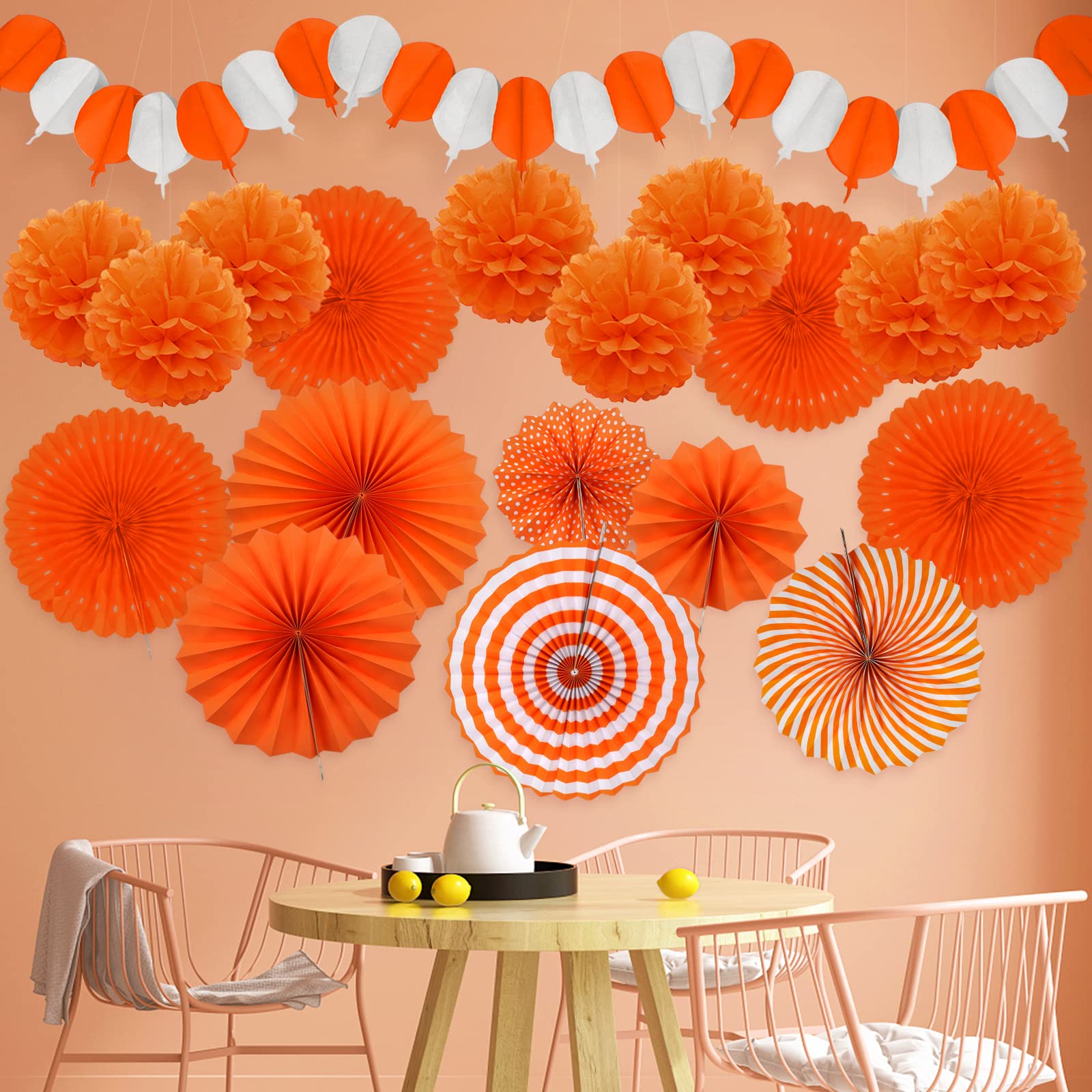 Recosis Orange Party Decorations, Papar Fans Pompoms Fans Garlands For Halloween Birthday Bridal Baby Shower Wedding Graduation