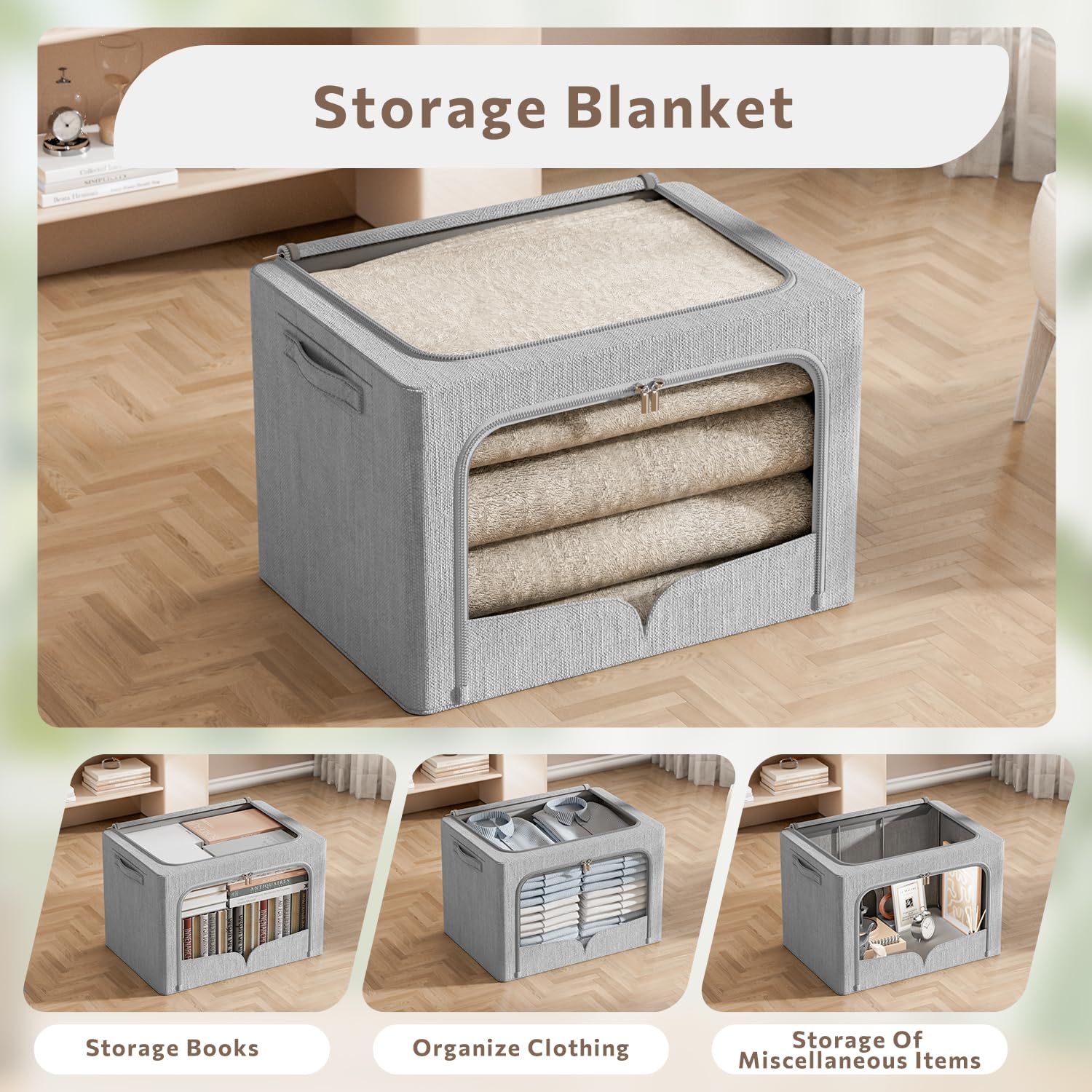 3 Pack Clothes Storage Bins - Foldable Metal Frame Storage Box - Extra Large Stackable Linen Fabric Organizer Set with Carrying
