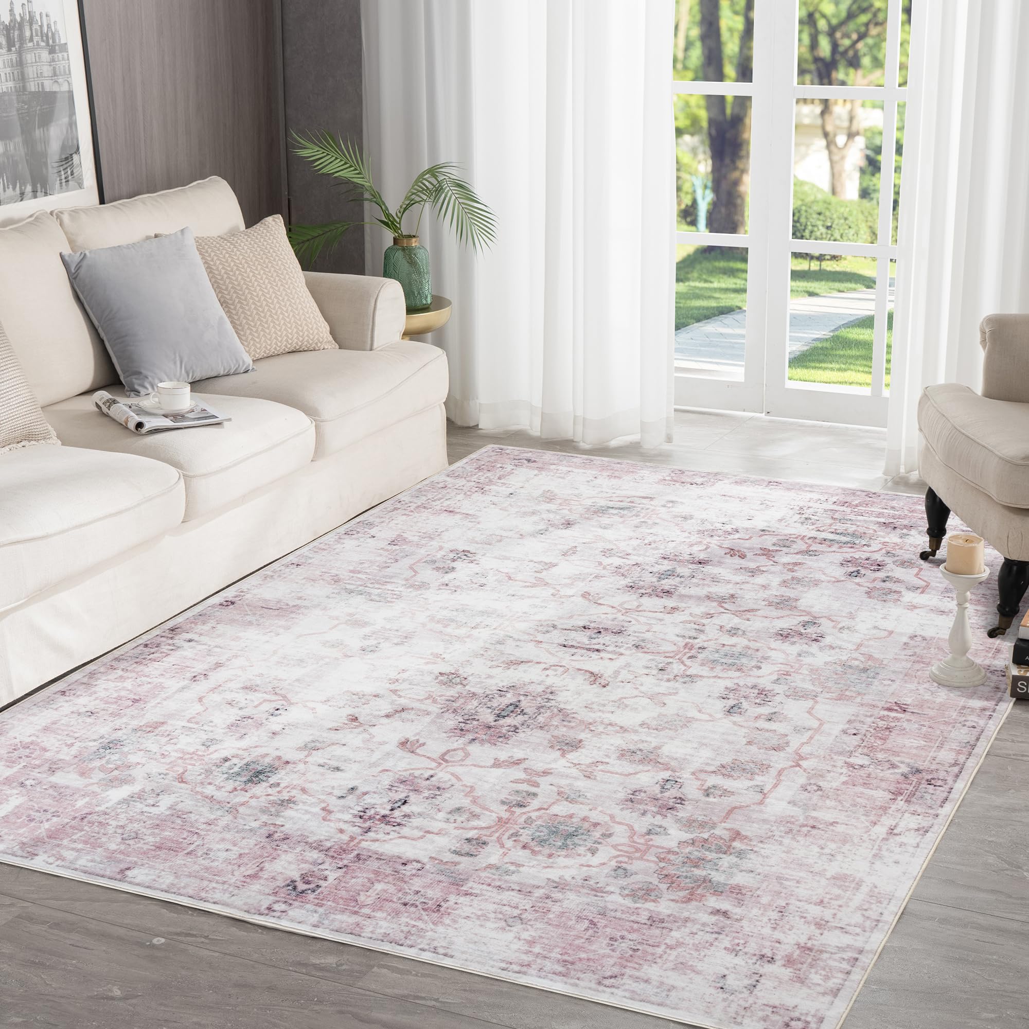 Syalife Washable Rug Vintage Area Rugs, 9x 12 Living Room Rug with Non Slip Backing, Distressed Indoor Carpet Non-Shedding Pin