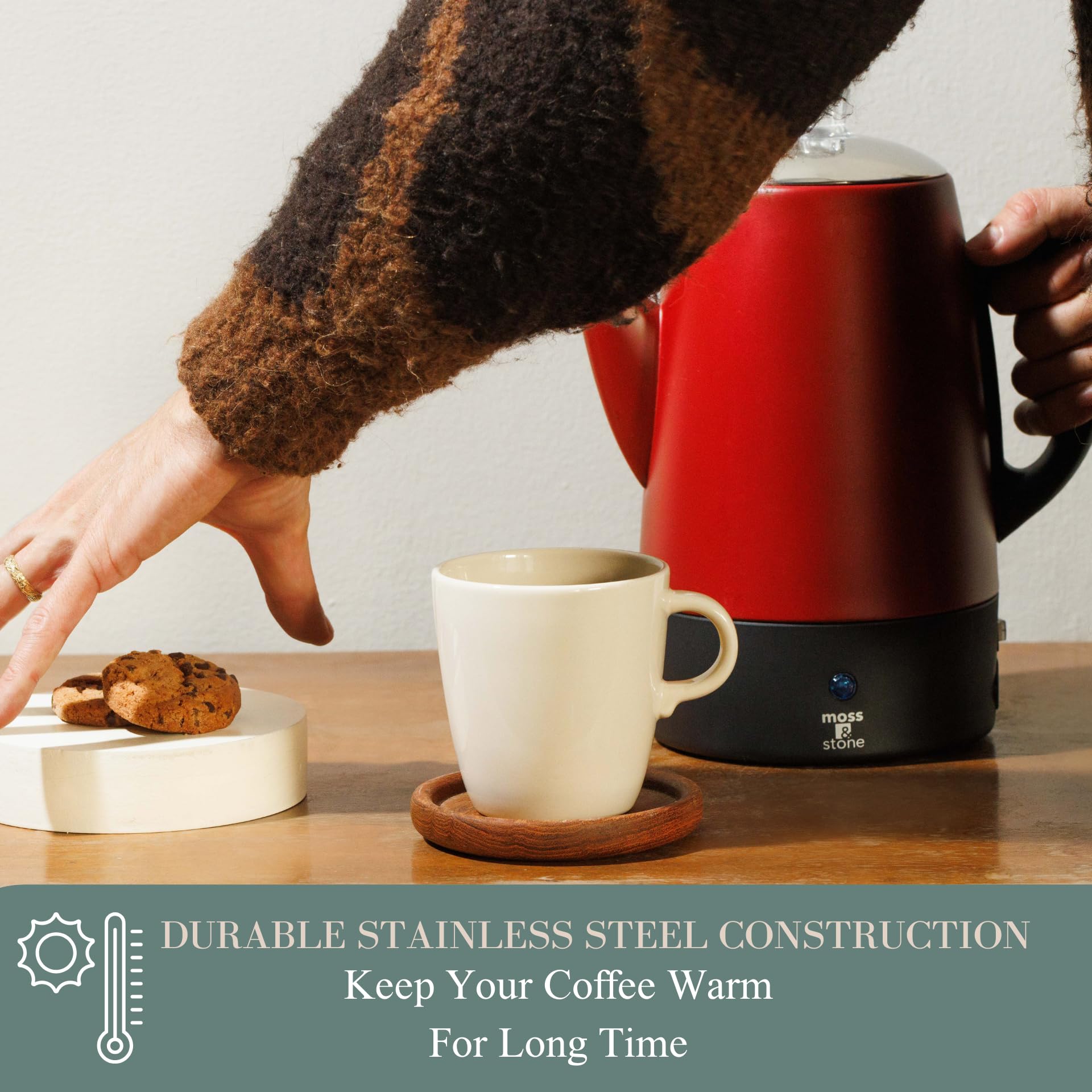 Moss & Stone Electric Coffee Percolator, Red Body With Stainless Steel Lid Coffee Maker, Percolator Electric Pot, Red Camping Co