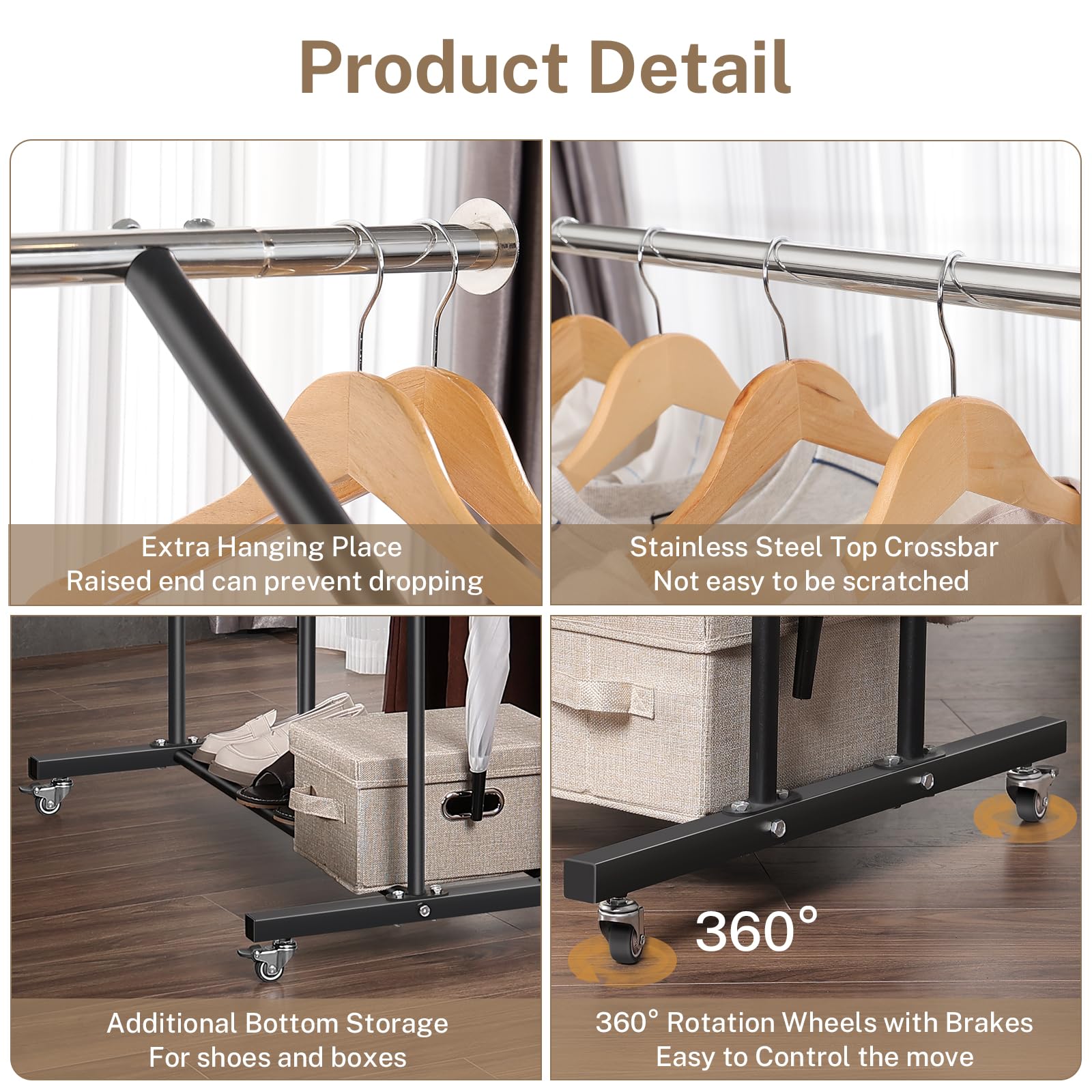 Vicerii Clothing Rack, Heavy Duty Clothes Rack With Wheels And Bottom Shelf, 52.36 Metal Double Clothing Rack With Wheels, Wardr