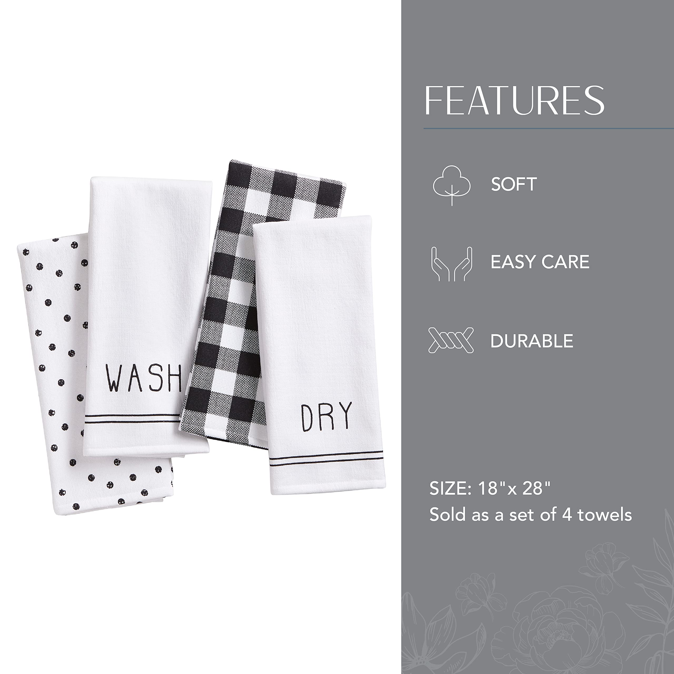 Elrene Home Fashions Farmhouse Living Sentiments Kitchen Towels, 18'' X 28'' (Set Of 4), Black/White 4