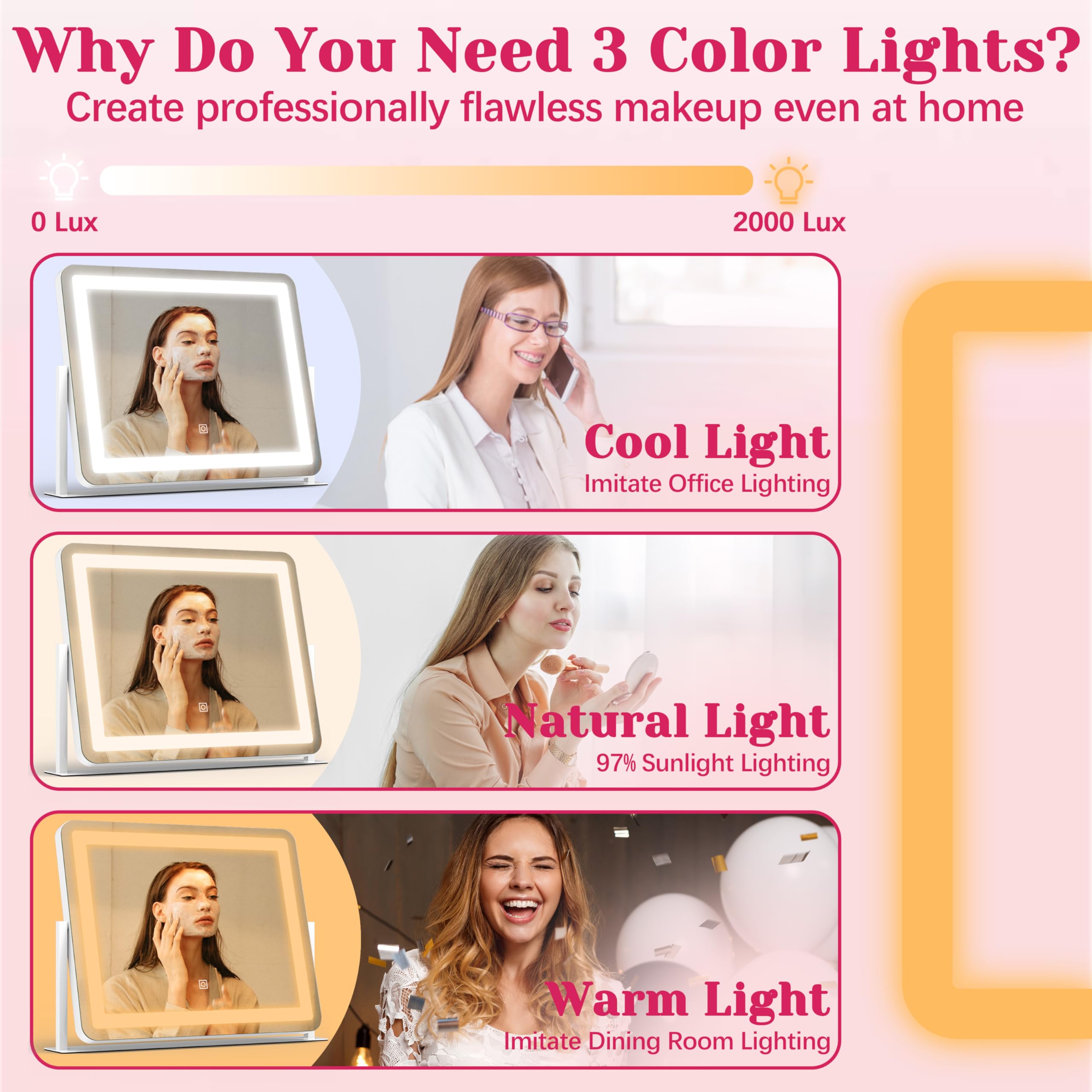 Hnv Vanity Mirror With Lights - 15X13 Led Lighted Makeup Mirror, Dimmable Touch Screen With 3-Color Lighting, 360 Rotation, Alum