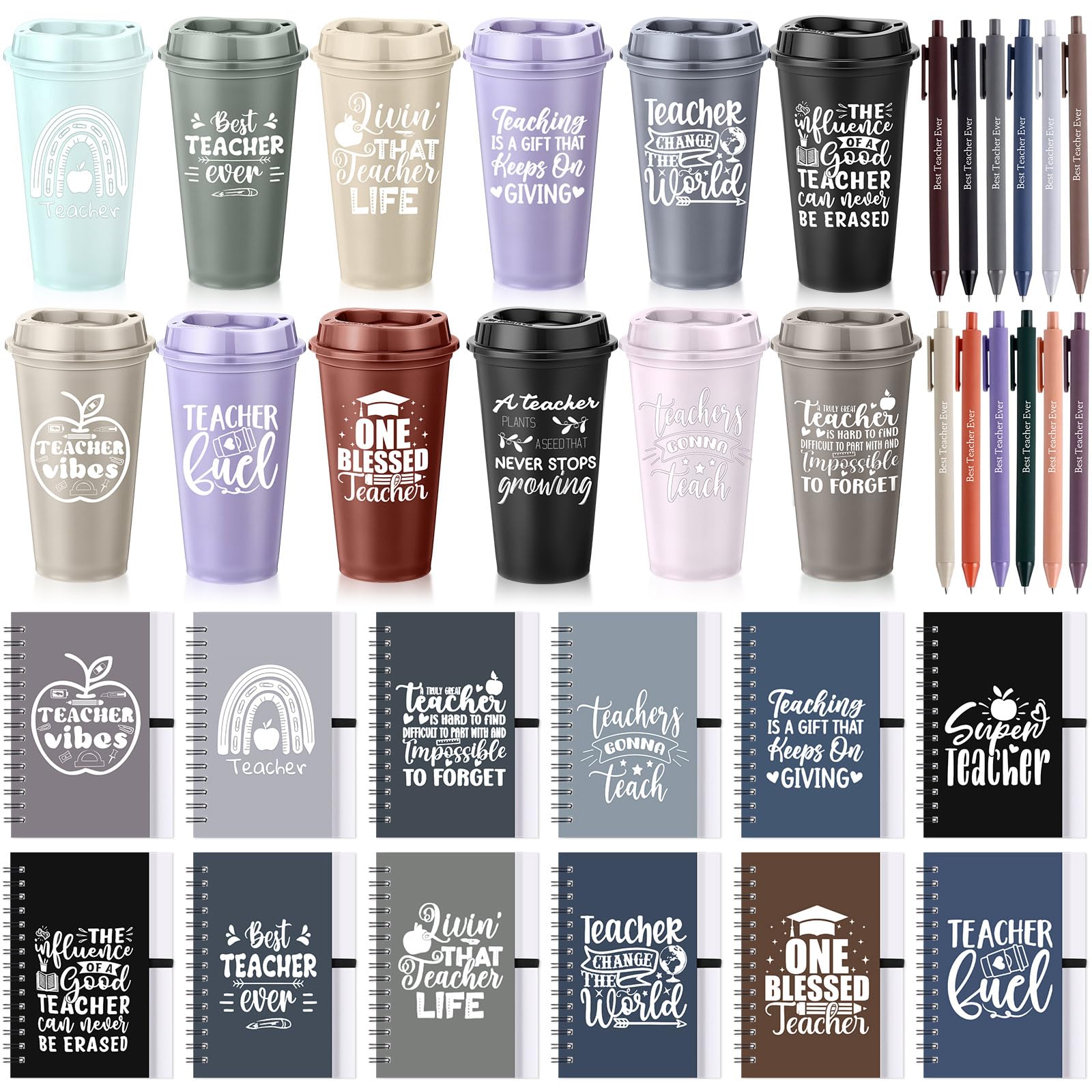 LemonRoad 72 Pcs Teacher Appreciation Gifts Bulk Thank You Teachers Set 16 oz Plastic Coffee Cup with Lid Straw Notebook and Pen