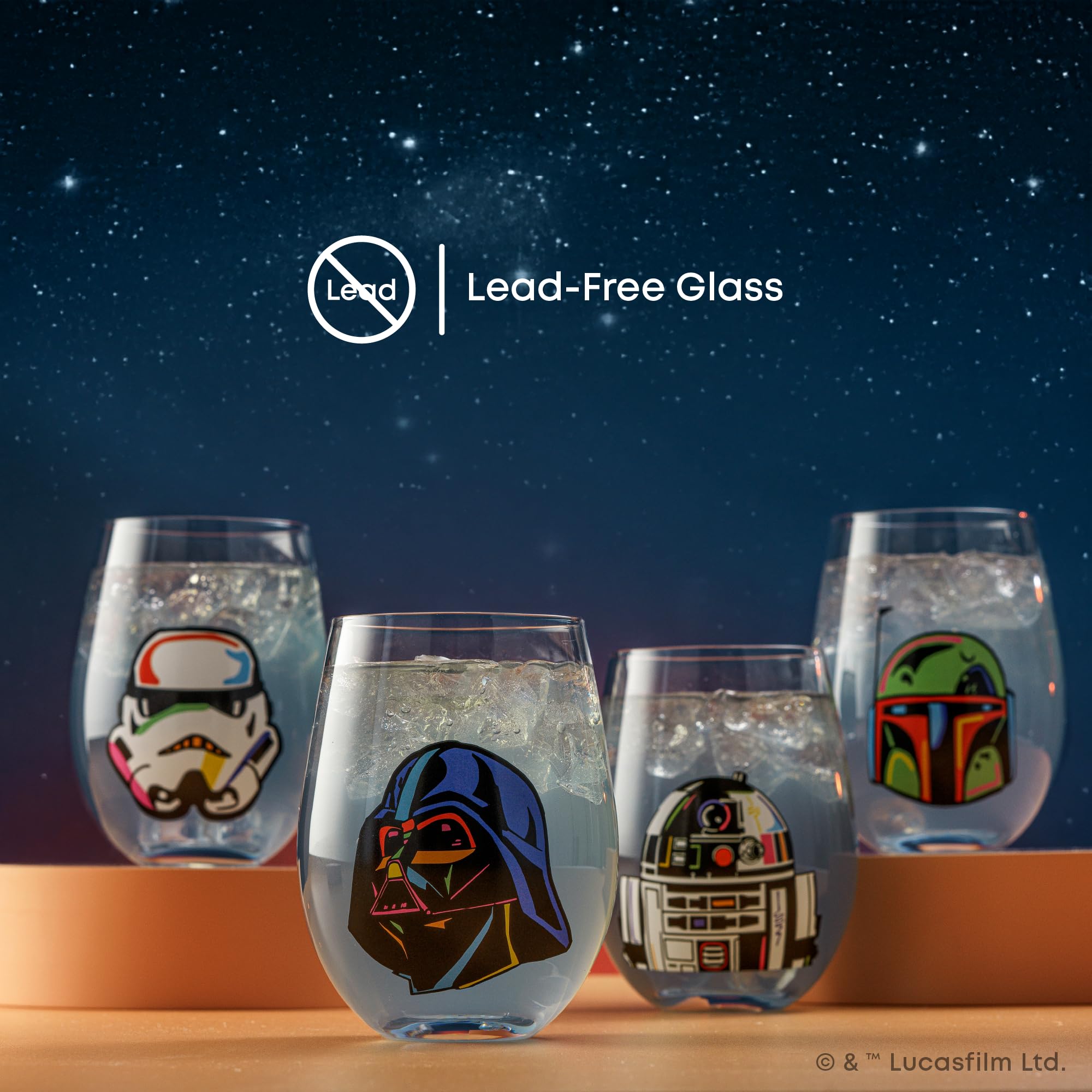 Joyjolt Star Wars Cosmic Color Stemless Drinking Glasses, 19Oz Glass Cups Ft Darth Vader Stormtrooper Boba Fett R2-D2, Star Wars