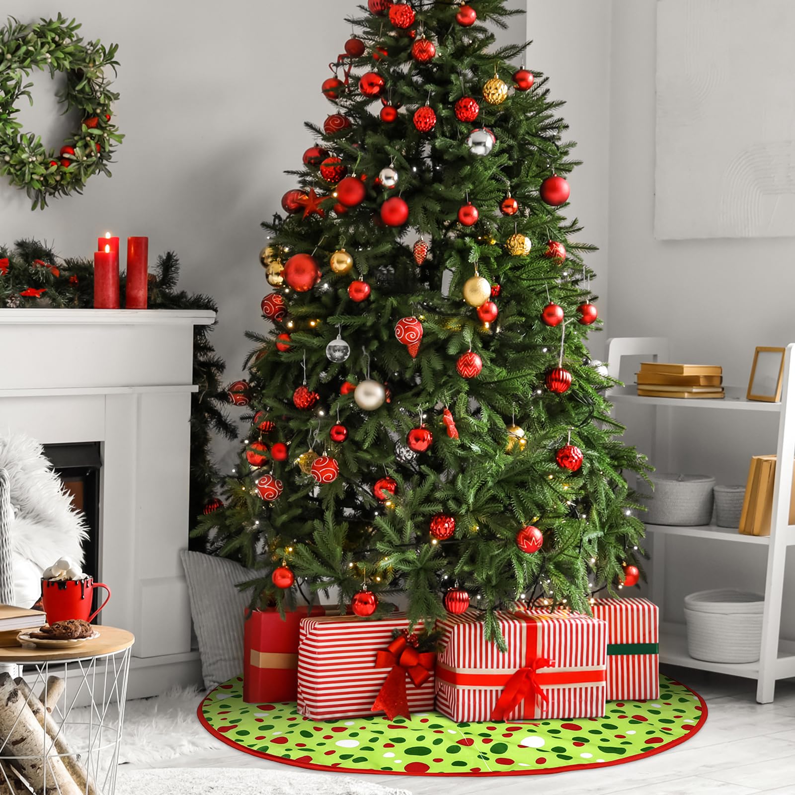 36 Inches Christmas Tree Skirt Green Mat Red and Green Polka Dot Christmas Tree Skirt for Holiday Party Xmas Decoration