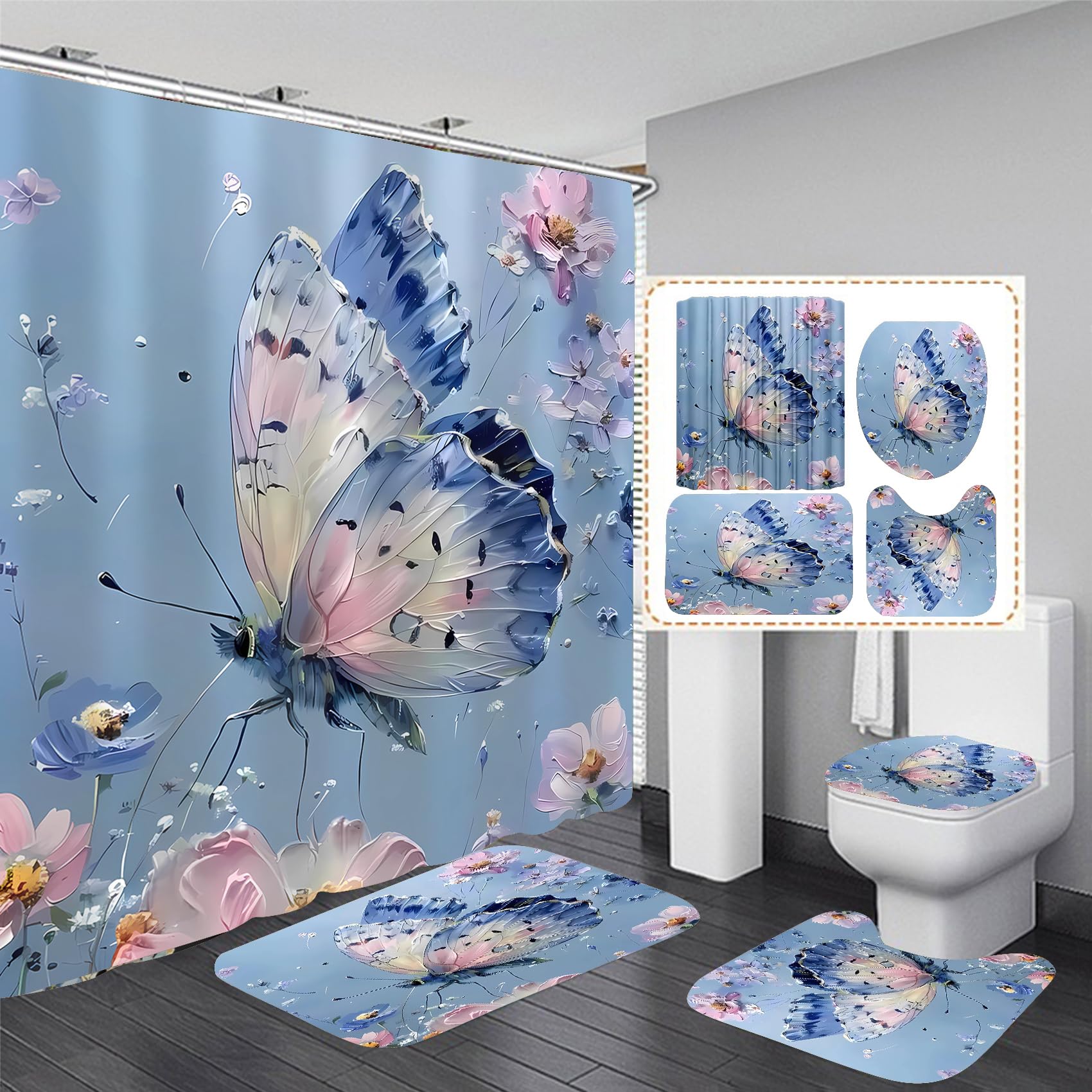 Ddqq 4Pcs Oil Painting Floral Shower Curtain Set Bathroom Sets Blue Butterfly Shower Curtain With 12 Hooks Bathroom Decor With R