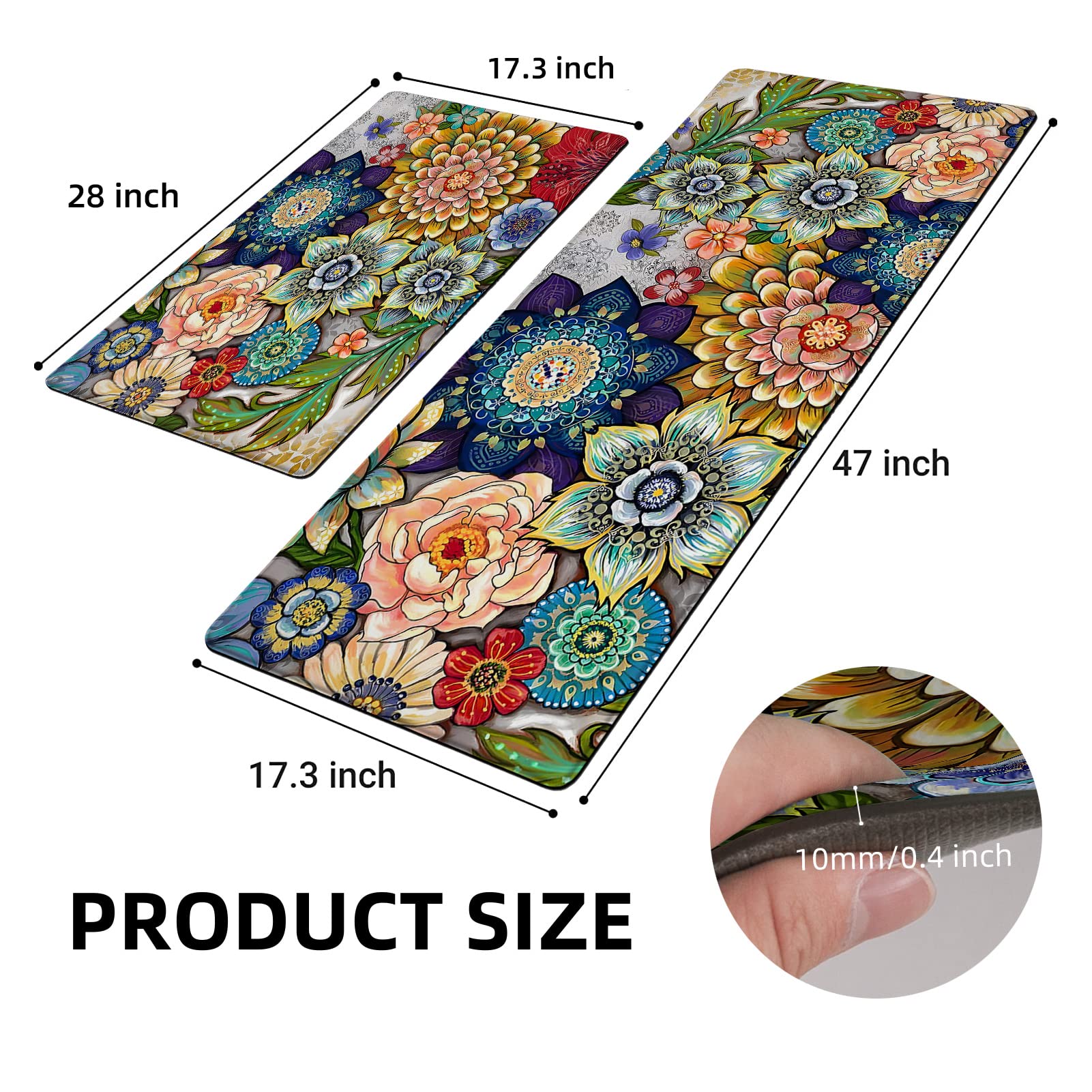 Tubeamin Boho Floral Kitchen Rugs Mats For Floor 2 Piece Memory Foam Padded Kitchen Mats Anti Fatigue Non Slip Cushioned Comfort
