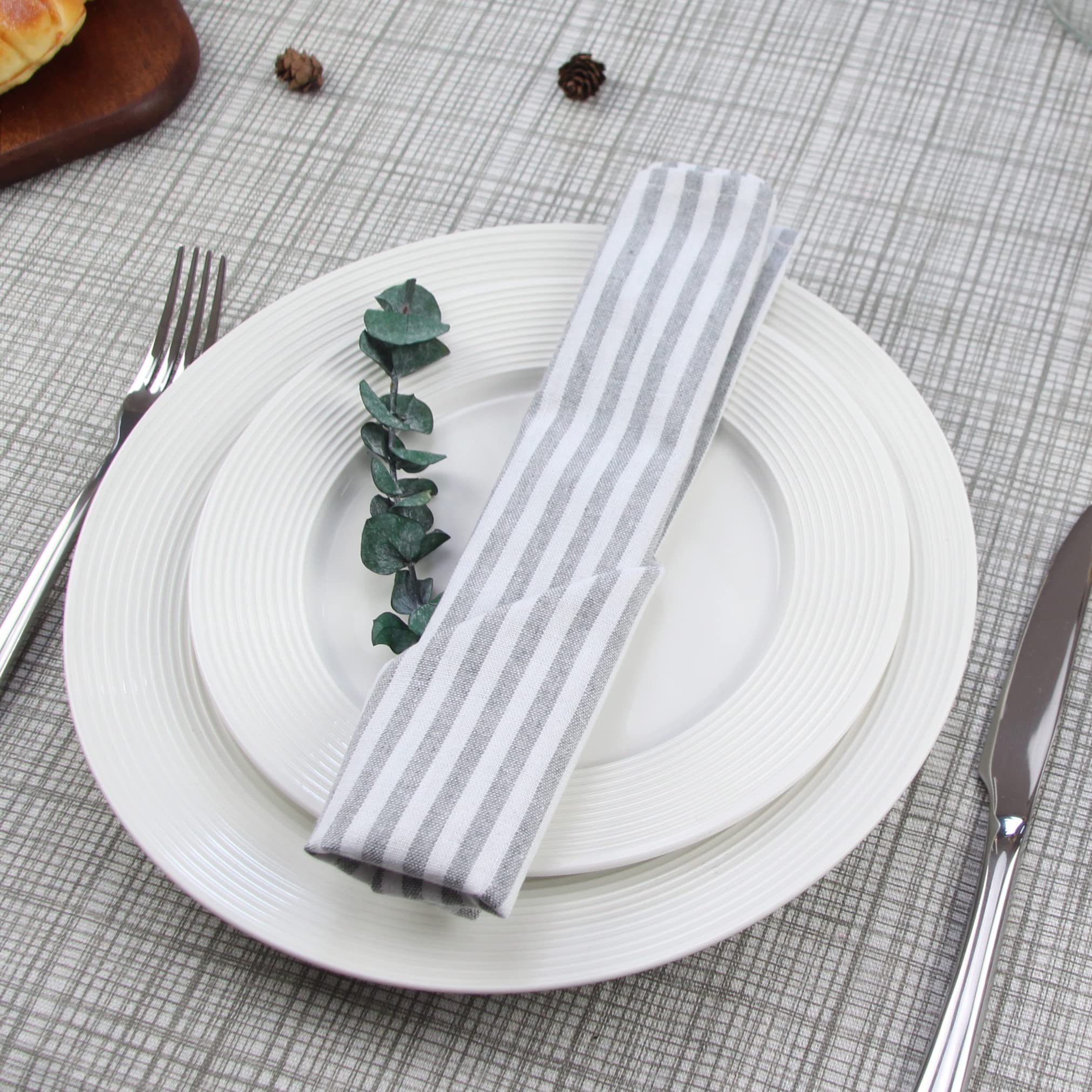 Infei Plain Striped Cotton Linen Blended Dinner Cloth Napkins - Set Of 12 (40 X 30 Cm) - For Events & Home Use (Grey)