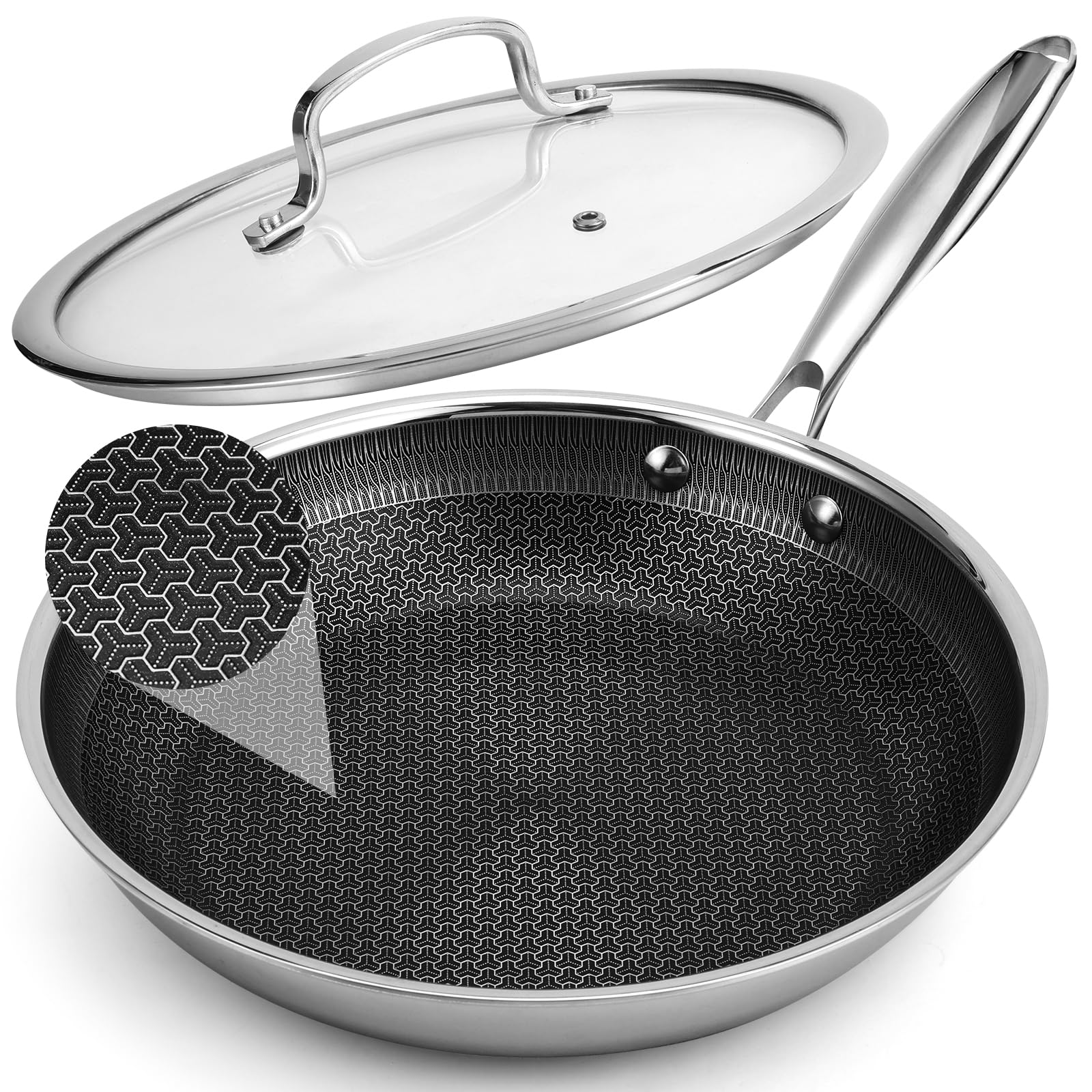 Tibbicc 12 Inch Hybrid Non Stick Frying Pan Stainless Steel Skillet ChefS Pan With Matching Glass Lid, Pfoa-Free Non-Toxic Cook