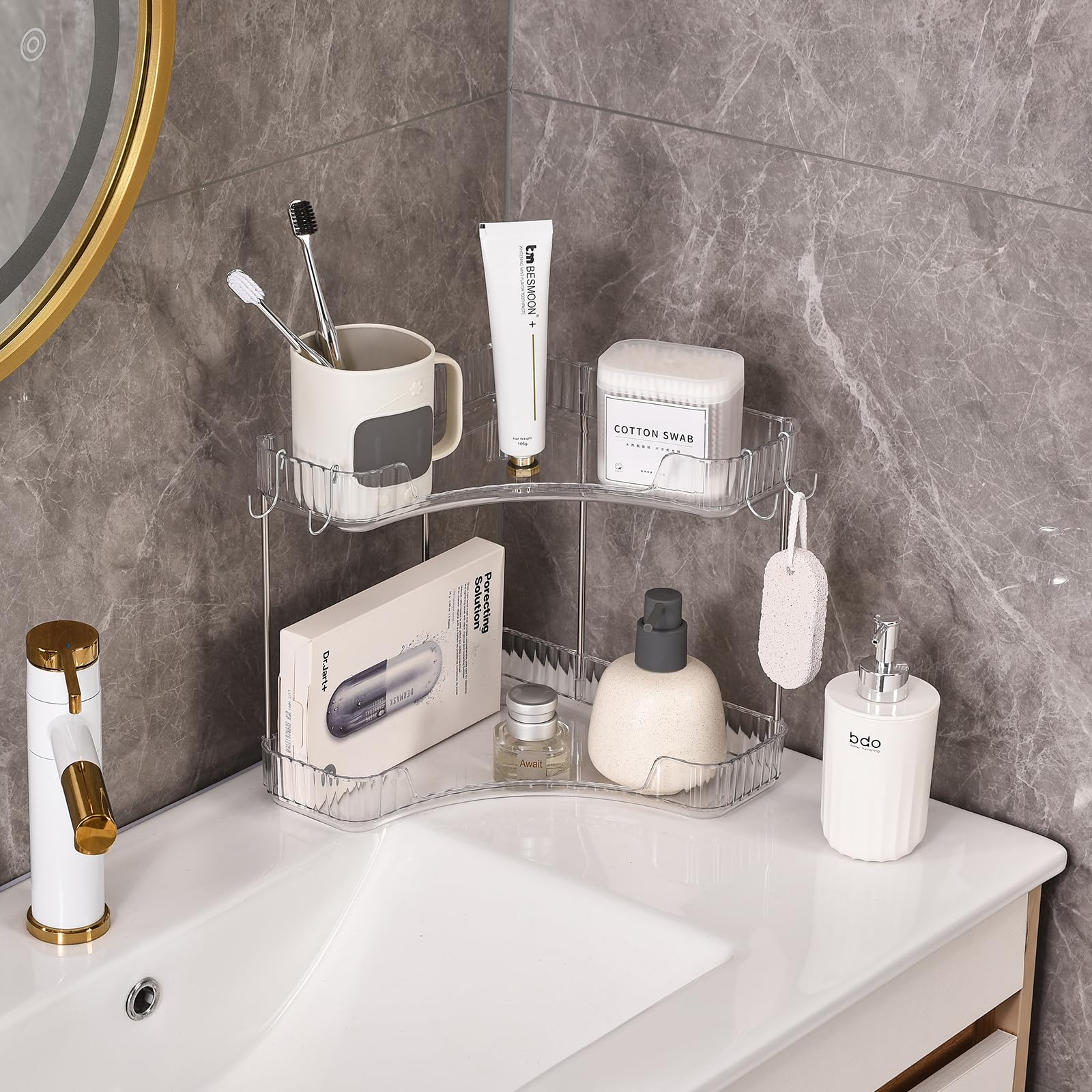 Trdongxu 2 Tier Plastic Bathroom Sink Organizer with Hooks, Corner Bathroom Counter Organizer Makeup Storage Vanity Tray for Cou