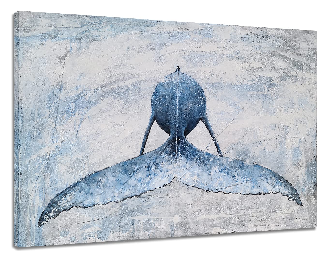 Sygallerier Coastal Canvas Wall Art - Blue And White Whale Paintings - Modern Abstract Tropical Fish Pictures With Textured For