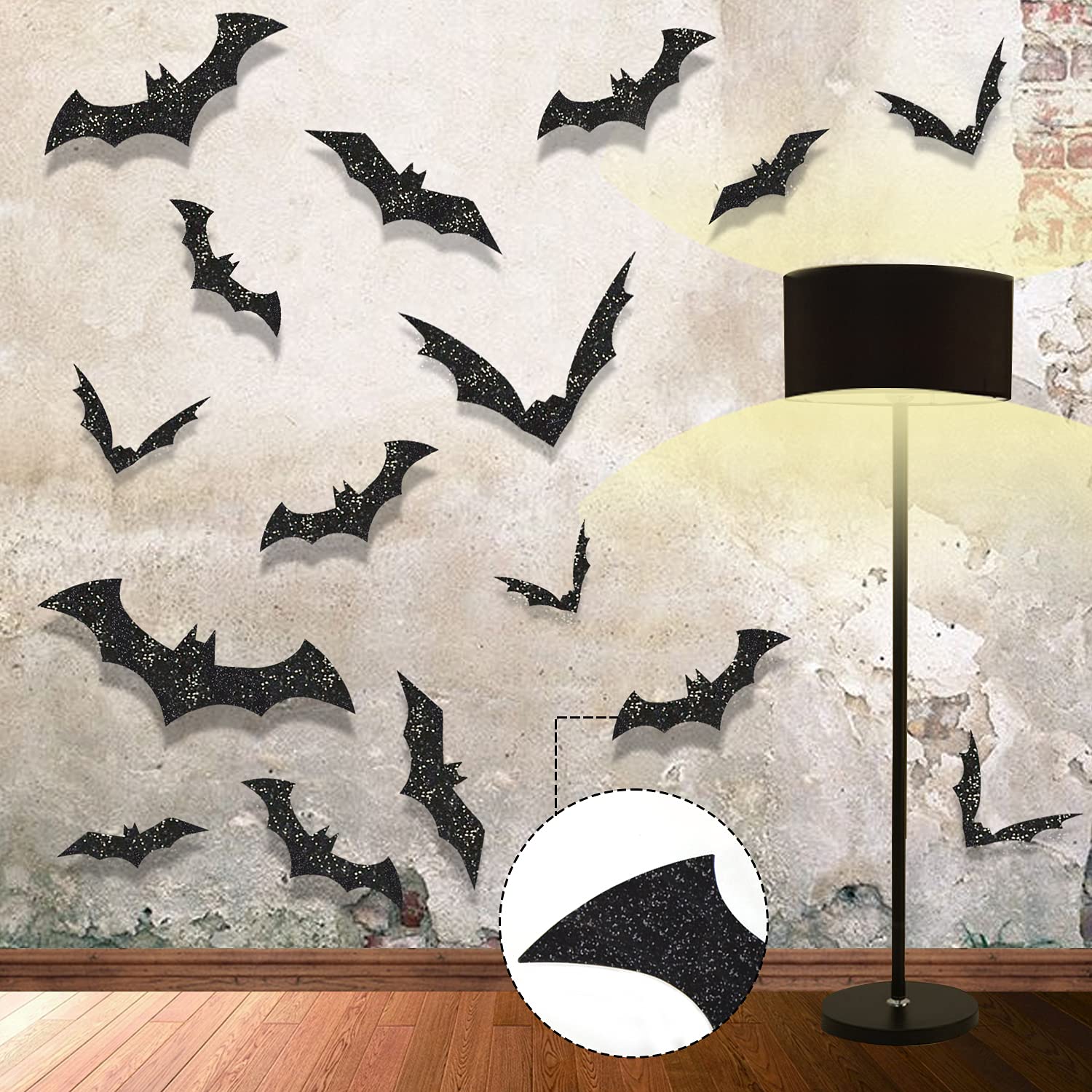 Kimober 144Pcs Halloween Bats Wall Decor,Glittery 3D Bat Wall Decal Stickers For Halloween Party Indoor Outdoor Supplies