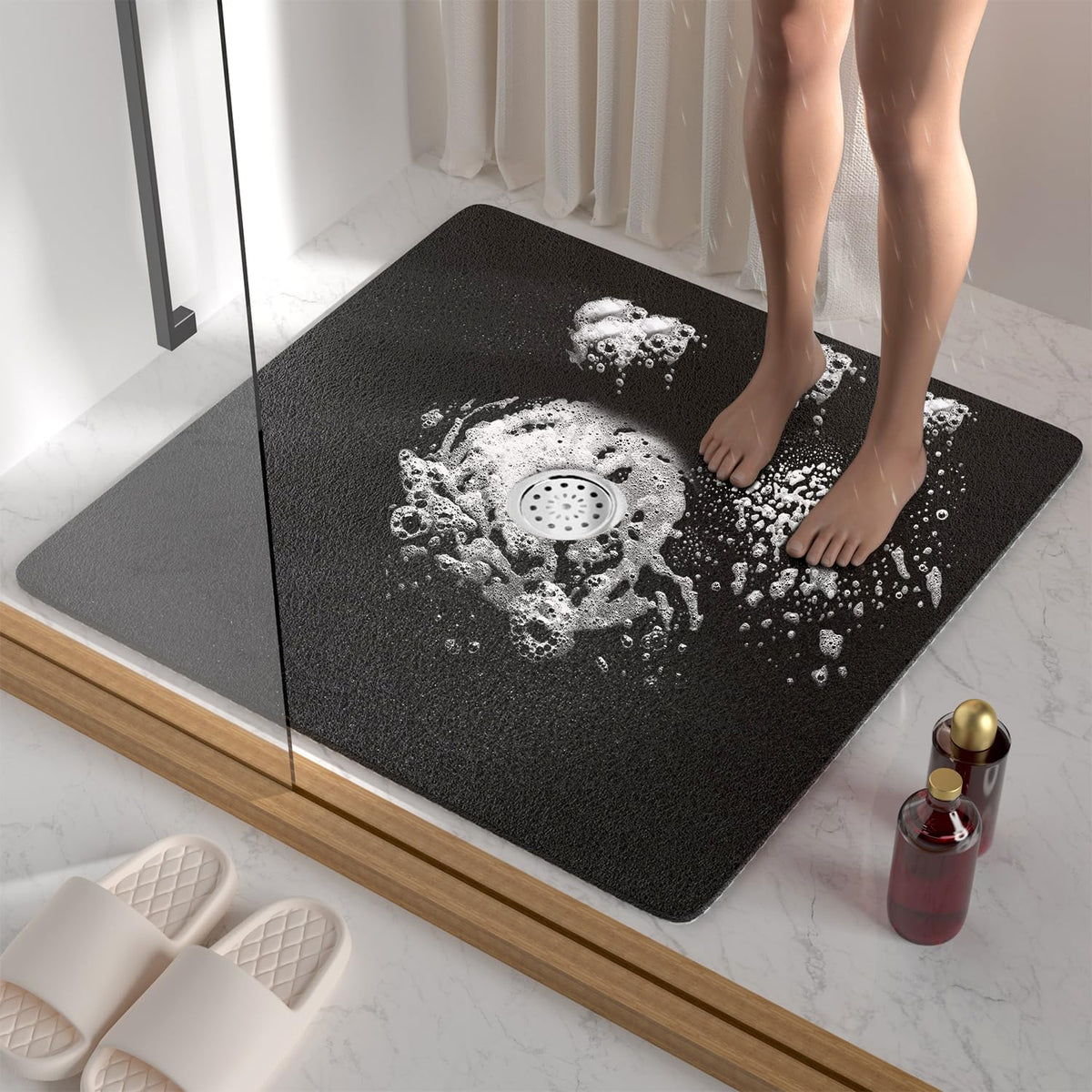 Hitslam Square Shower Mat, 27 X 27 Inch Non Slip Bath Mat For Tub, Soft Pvc Loofah Bathtub Mats With Drain Holes, Quick Drying B