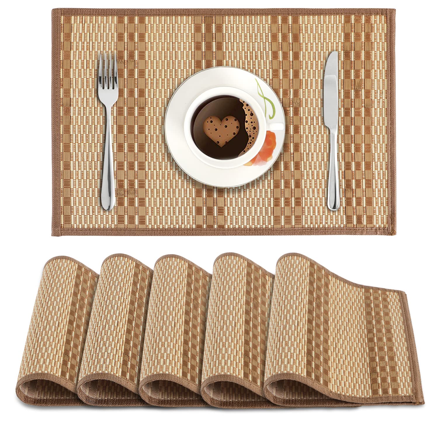 Hokipo Bamboo Placemats Set Of 6 Dining Table Mats, 45X30 Cm, Burnt Orange