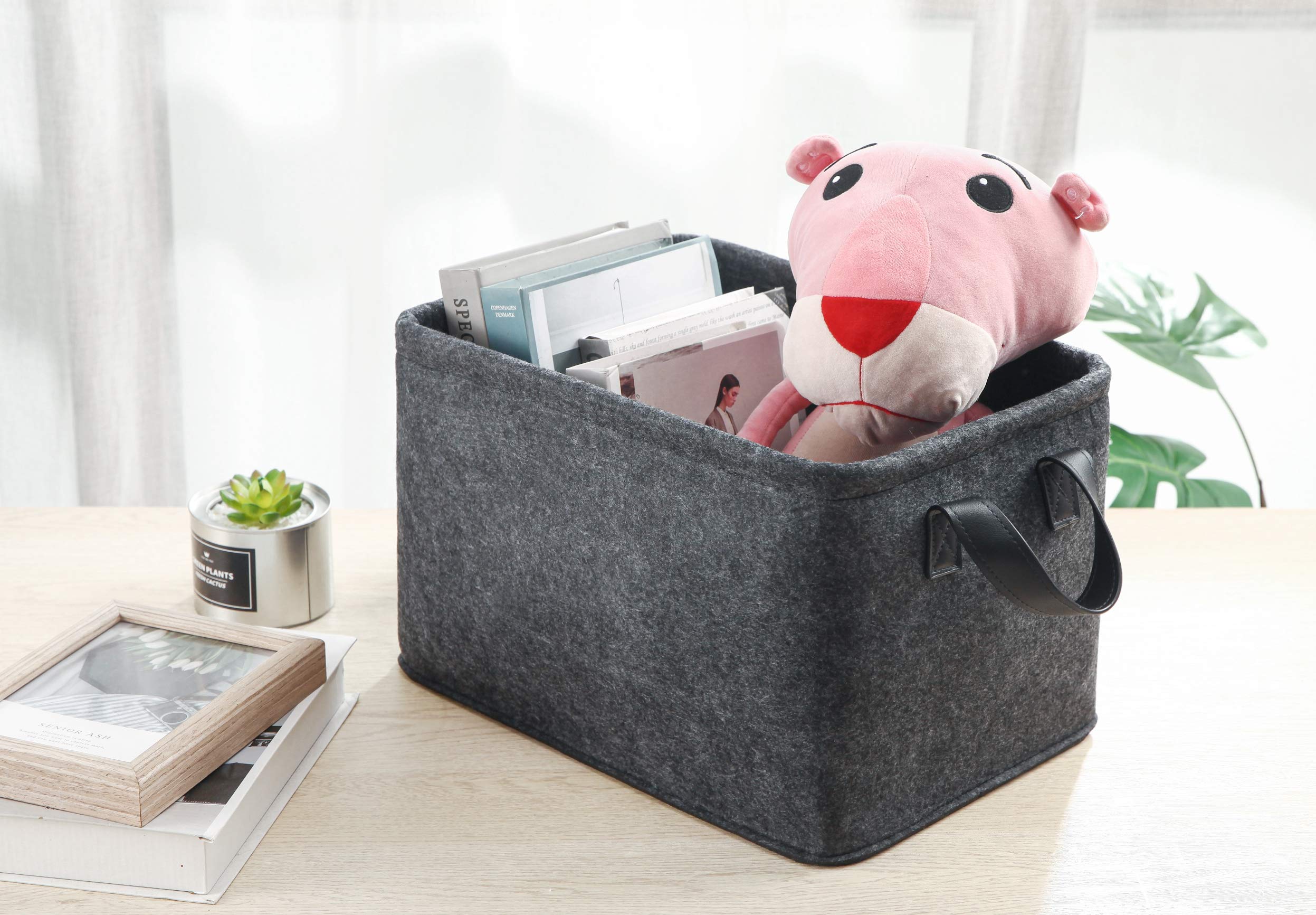 Collapsible Storage Bins Foldable Felt Fabric Storage Basket Organizer Boxes Containers With Handles Pu Handles For Nursery Toys