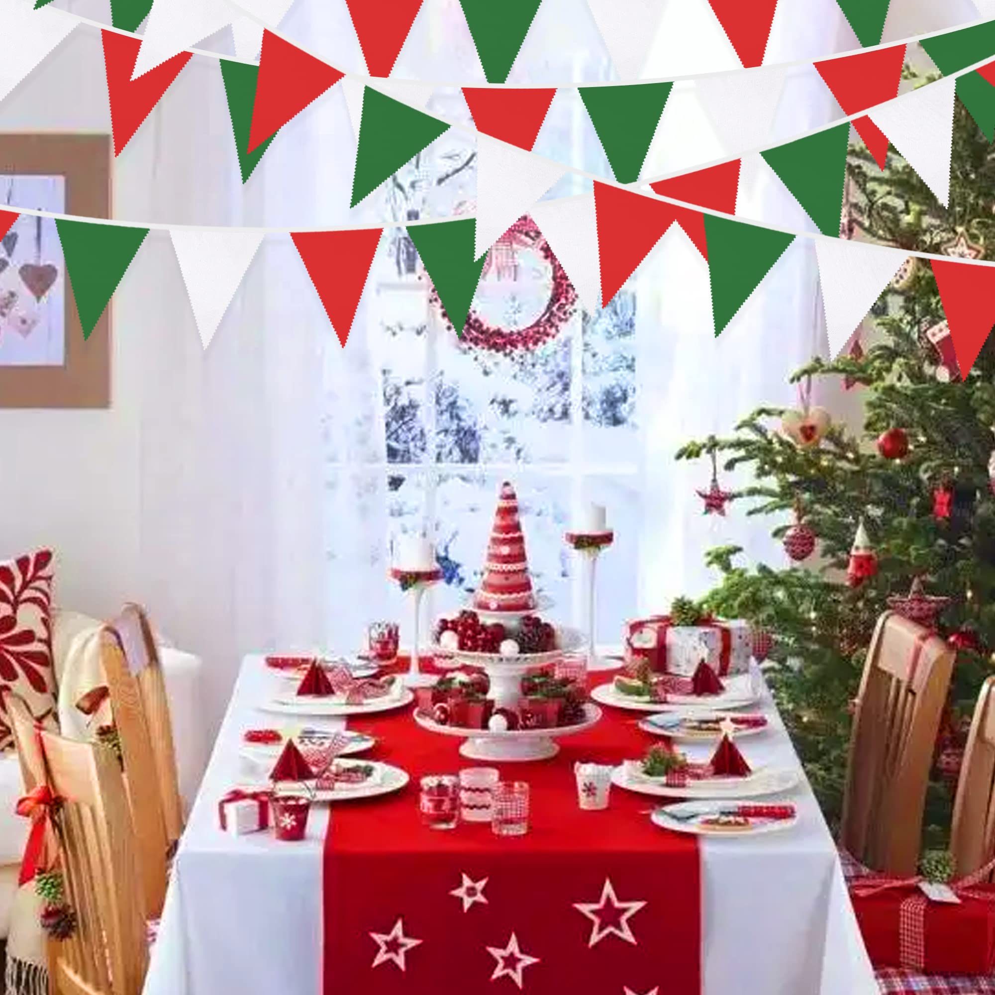 32Ft Red Green White Banner Party Decorations Christmas Triangle Flag Fabric Pennant Bunting Garland Streamers For Christmas Day