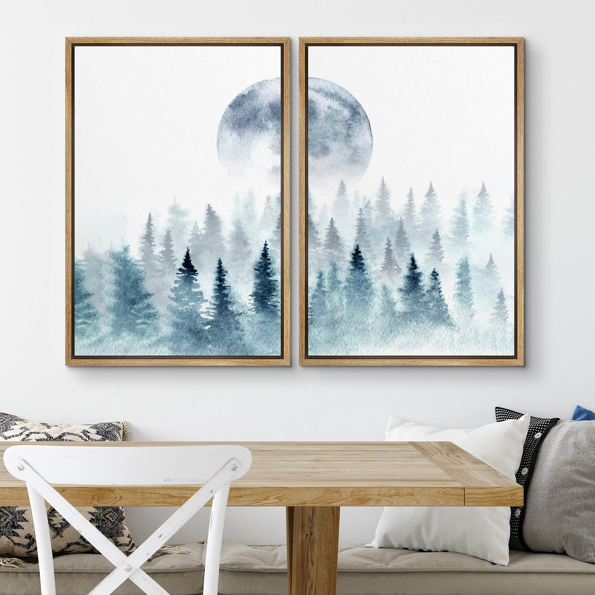 Signwin Framed Wall Art Woodland Nursery Decor Print Set Watercolor Blue Full Moon & Green Forest Nature Illustrations Modern Ar