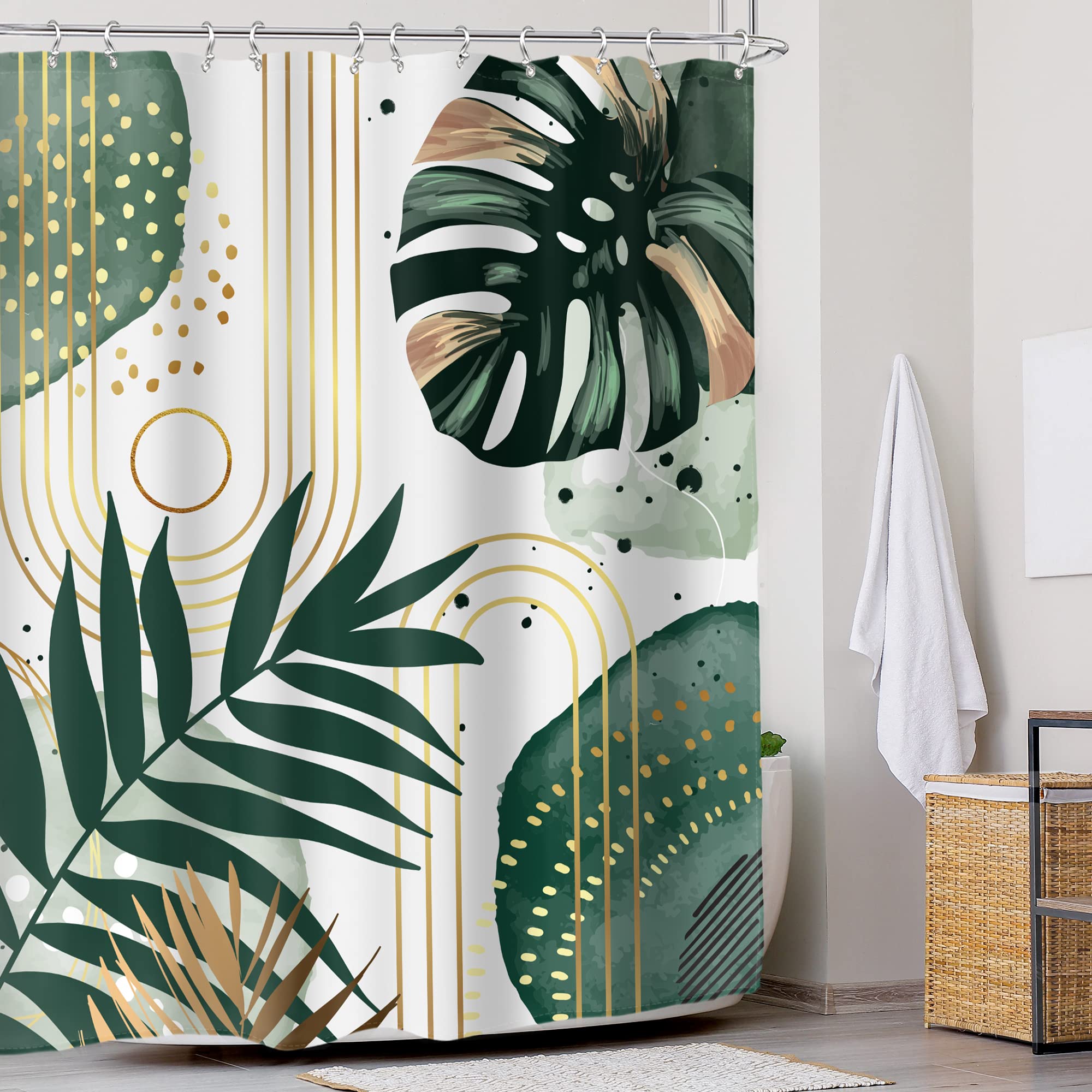 Glawry Abstract Tropical Leaves Shower Curtain Boho Green Gold Palm Leaf Monstera Botanical Minimalist Bathroom Modern Aesthetic