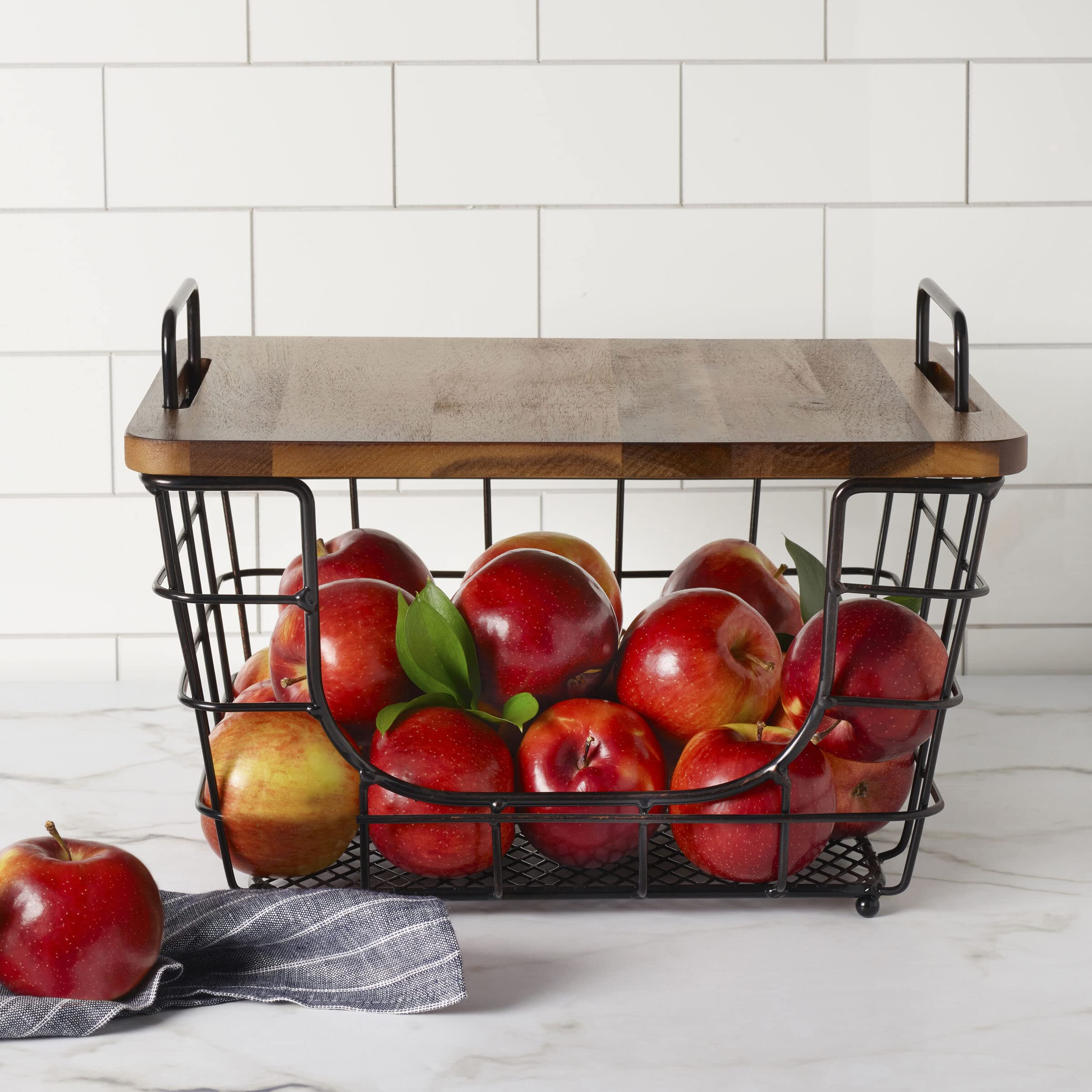 Gourmet Basics by Mikasa Madam Metal Stacking/Nesting Rectangular Basket with Acacia Lid  Antique Black