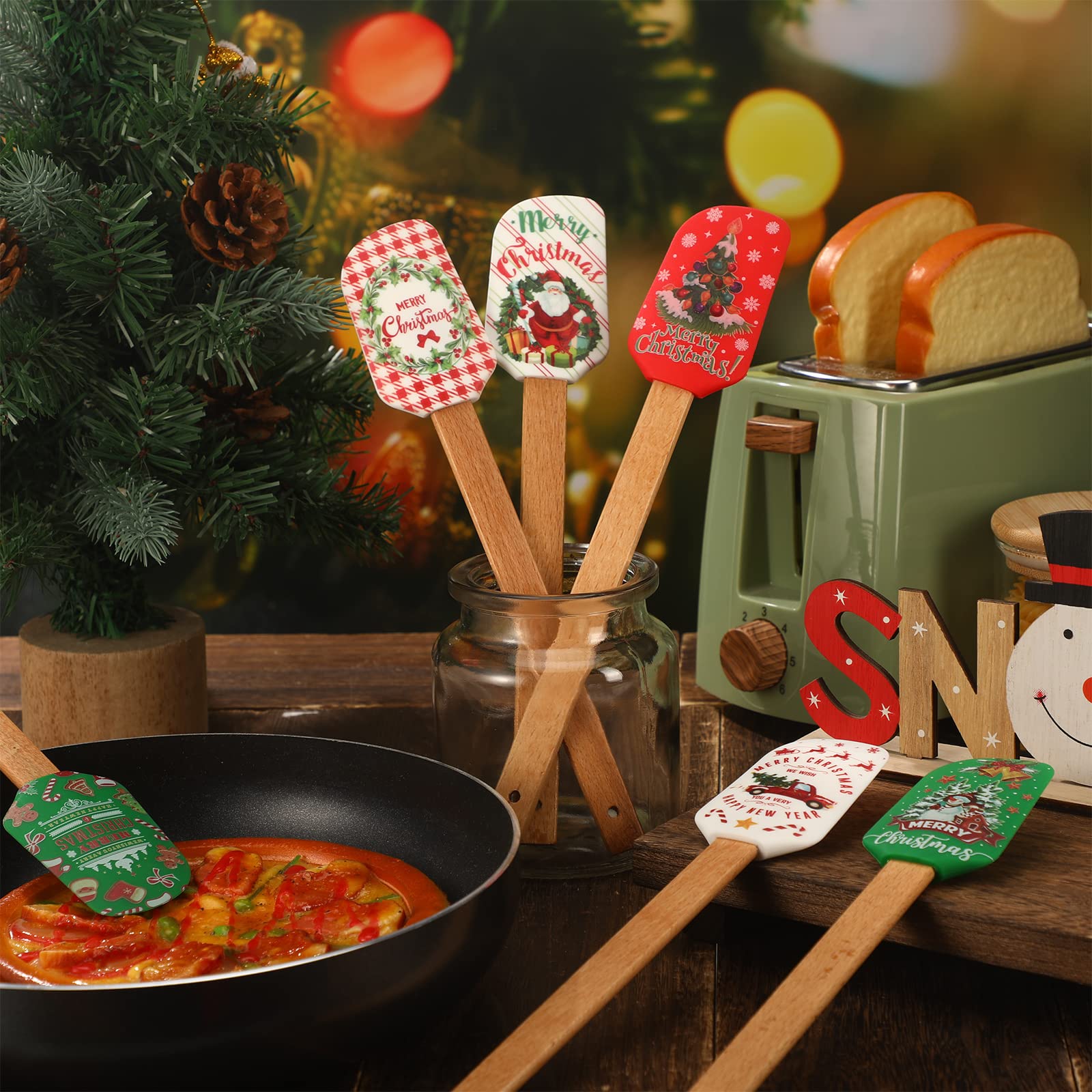 6 Pieces Christmas Silicone Spatula Xmas Cake Spatula With Wooden Handle Snowmen Pancake Spatula Cute Pan Scraper Xmas Dish Scra